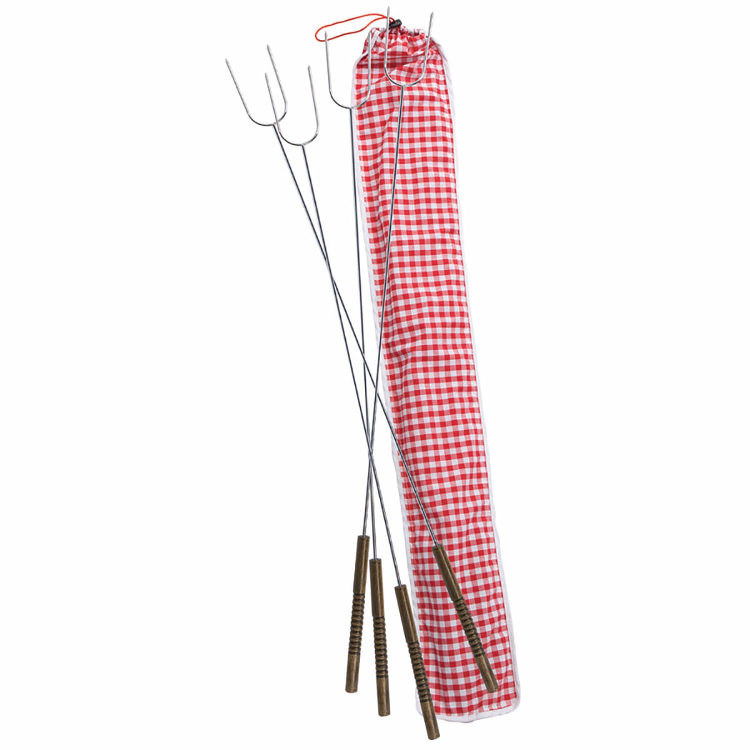 Set of 4 Hot Dog Roasting Fork With Gingham Print Cotton Storage Bag