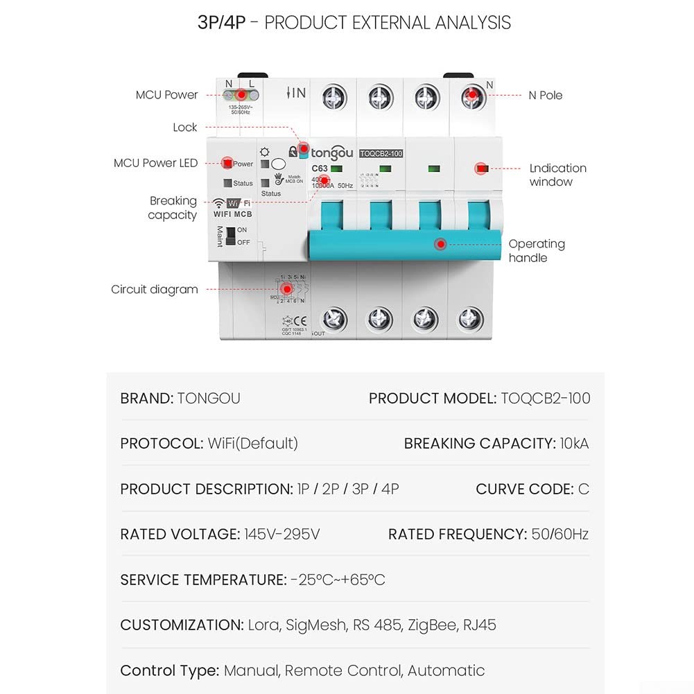 4P para Tuya MCB WIFI Disyuntor de medición para Smart Life Timer Control remoto inalámbrico