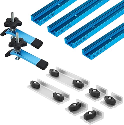 POWERTEC 71779 Kit de riel en T de perfil de doble corte de 24 pulgadas, incluye topes largos, cortos y en línea y abrazaderas de sujeción de 5-12