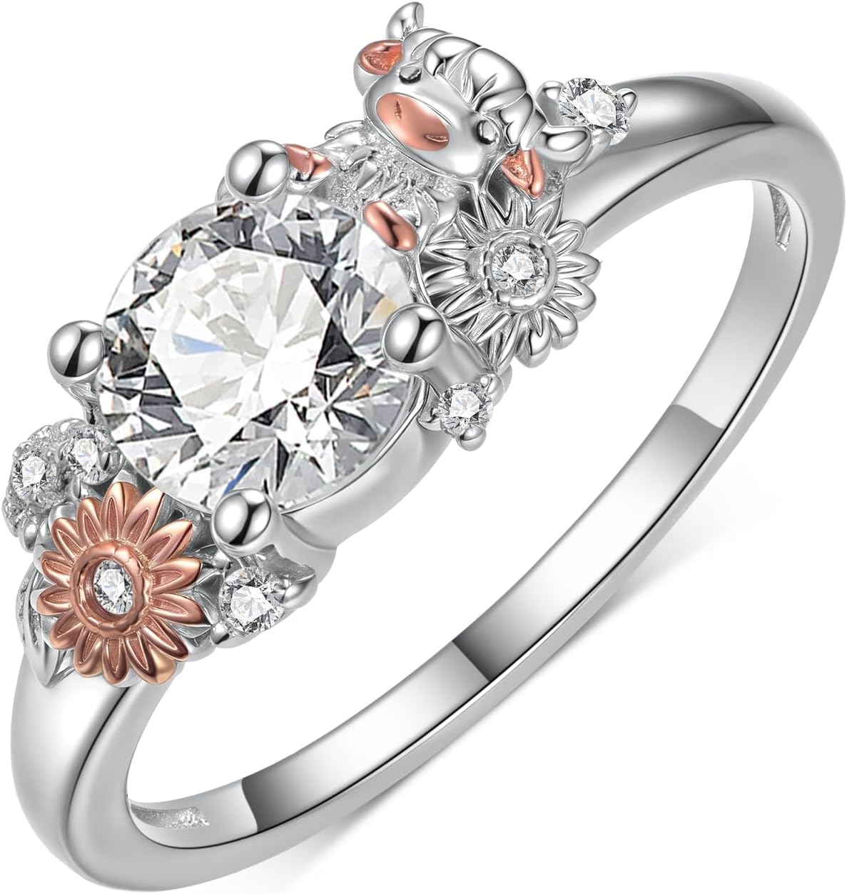 Highland Cow Ring for Women 925 Sterling Silver Cute Animal Ring with Daisy Highland Cow Jewelry Gifts for Women