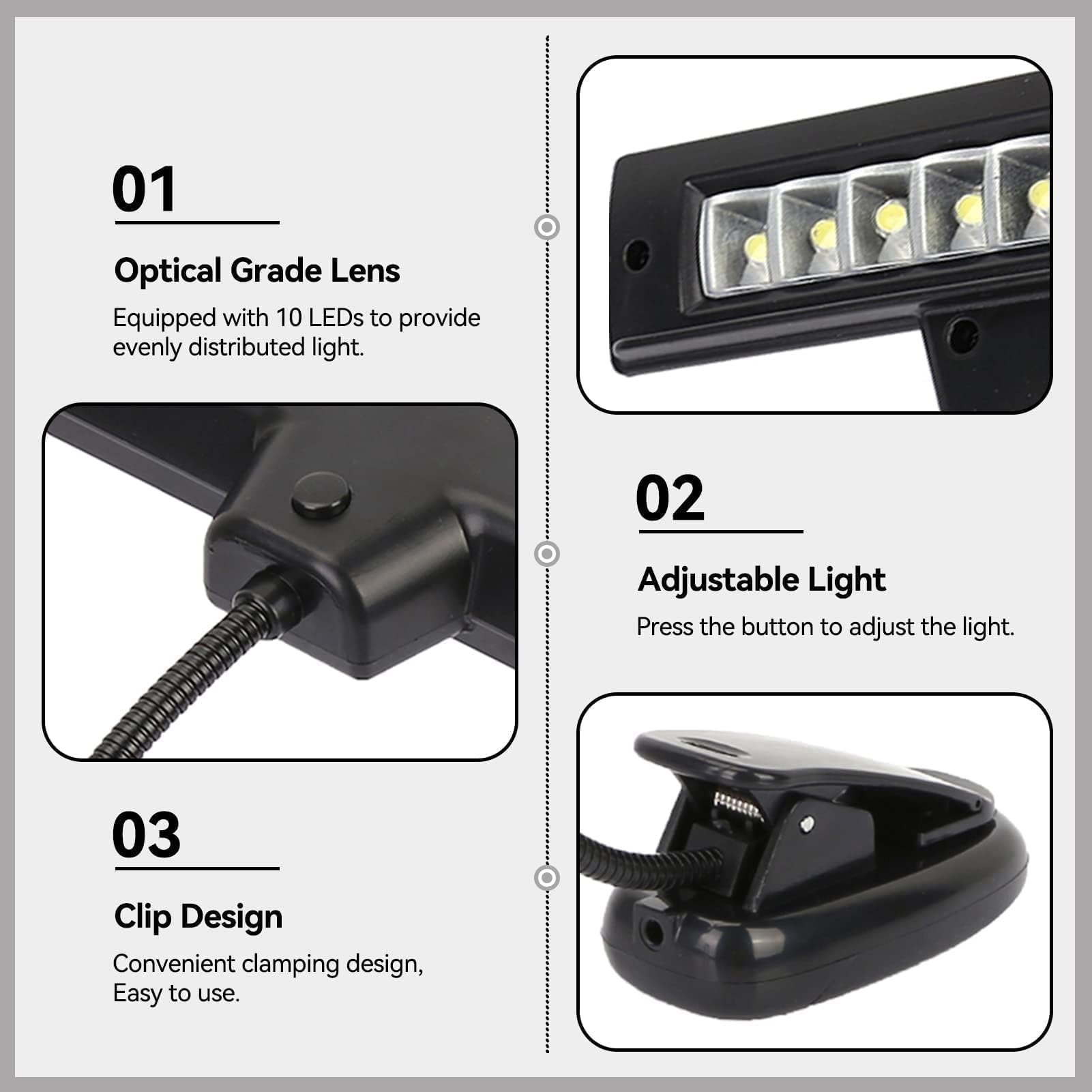 Agatige Luz de Atril Musical, 10 Leds Clip On Piano Luces Usb Recargable Luz de Trabajo Piano Orquestal Luz para Piano, Lectura, Costura, Trabajo 27 * 14 * 8 Cm