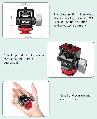 Miniatura 4 de PULUZ Cabeza de bola con almohadilla antideslizante Montaje en zapata fría Cabezal de bola giratorio de 360 con interfaz de rosca de 14 adecuado