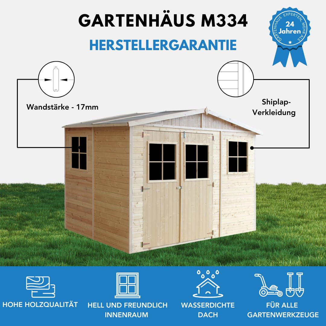 Gartenhaus Holz MIT IMPRÄGNIERTEM Boden - Geräteschuppen mit Fenstern - H226x324x216 cm/6 m² Naturholz-Shiplap-Schuppen - Gerätehaus - Fahrradschuppen - TIMBELA M334+334G