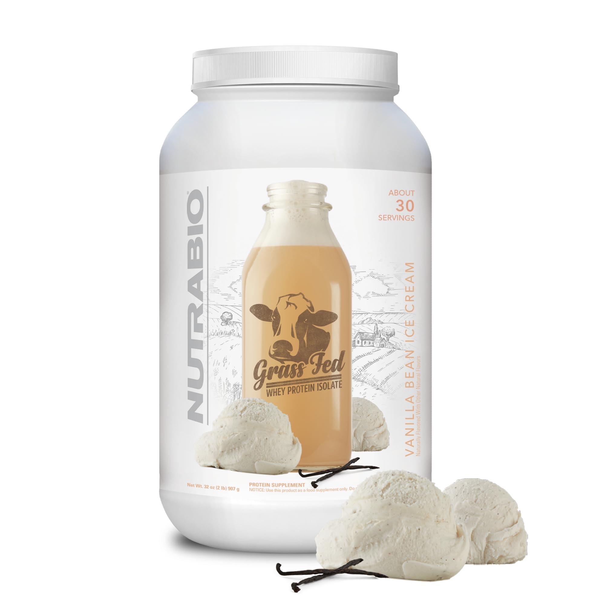 NutraBio Grass Fed Whey Isolate Protein Powder - 25G of Protein Per Scoop - Sugar Free Natural Lean Muscle Protein Supplement - Vanilla Bean- 2 Pounds, 29 Servings.