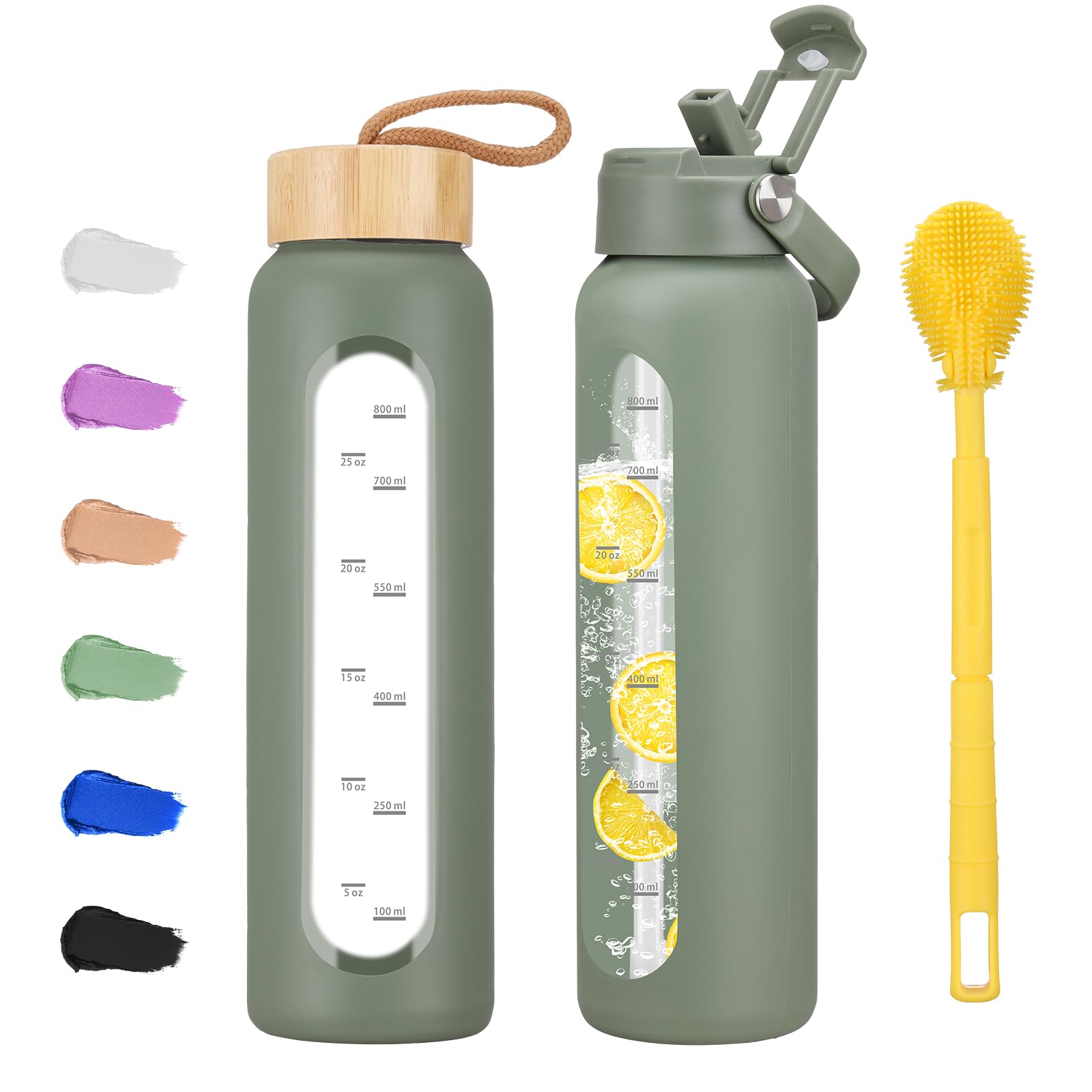 Olivego 32 oz Glass Water Bottle with 2 Lids-Handle Straw Lid & Bamboo Lid,1 Liter Motivataional Tumbler Water Bottle Time Marker, Borosilicate Glass