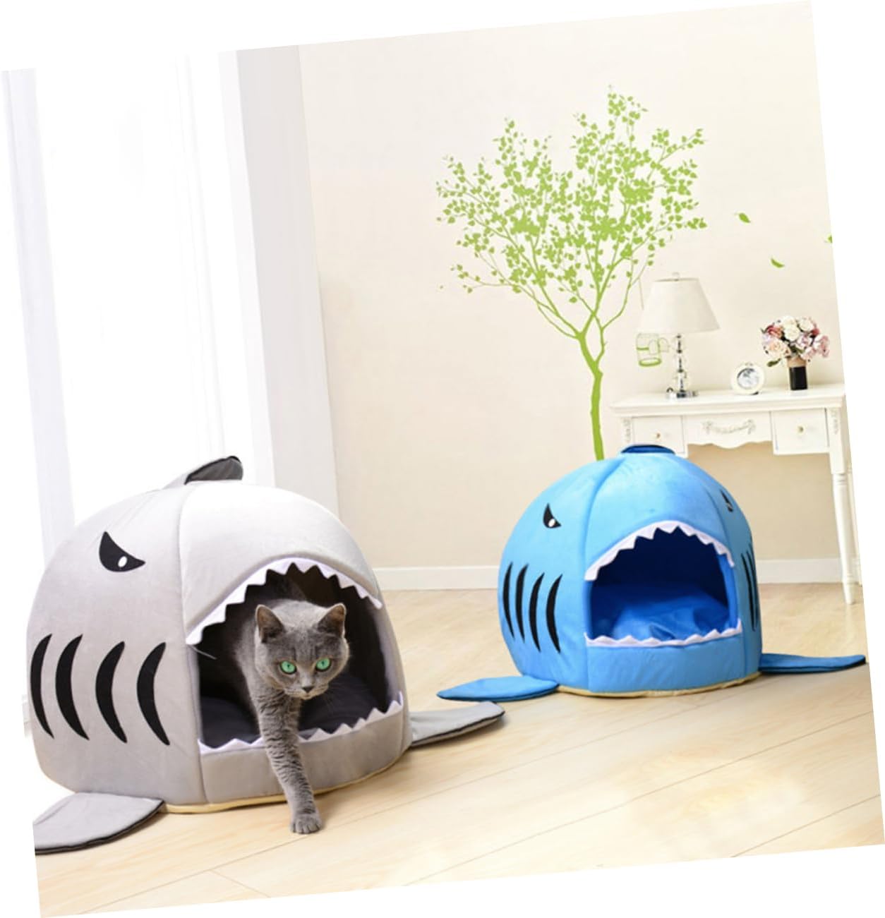 Shark Shaped Plush Pet Bed House Grey Soft Cozy Nest for Dogs Puppies Cats Warm Comfortable Sleep
