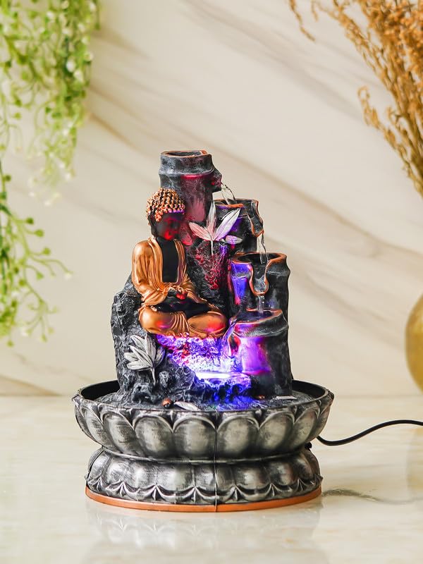 Image of Grey Color Polyresin Tabletop Buddha 4 Step Indoor Water Fountain for Home Decor with LED, Speed Control Pump (Size: 20 x 20 x 25.5 CM | Weight: 1010Gram)