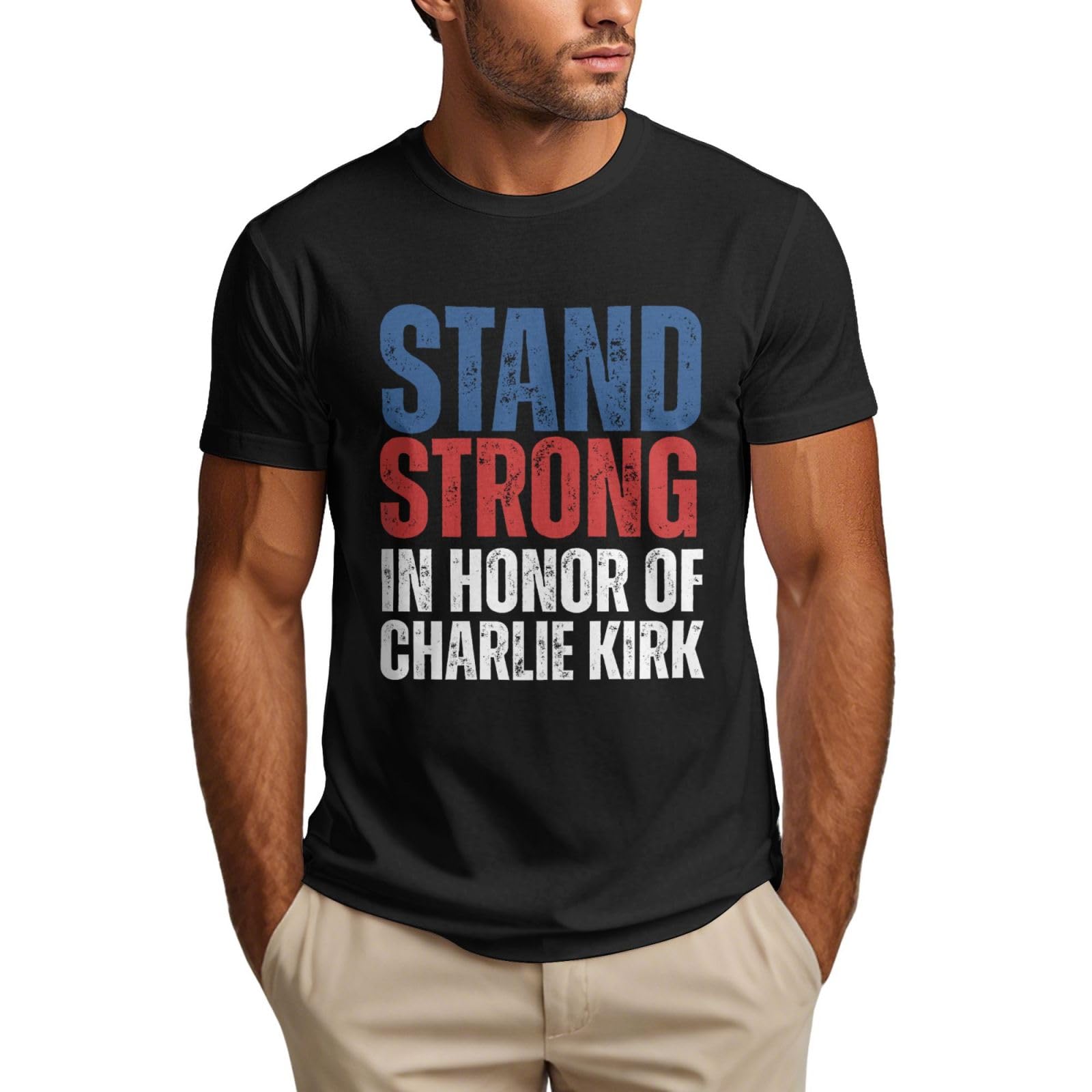 Kwqdozf Men's White Stand-Strong In Honor Of Charlie Kirk Shirt Justice For Charlie T Shirt