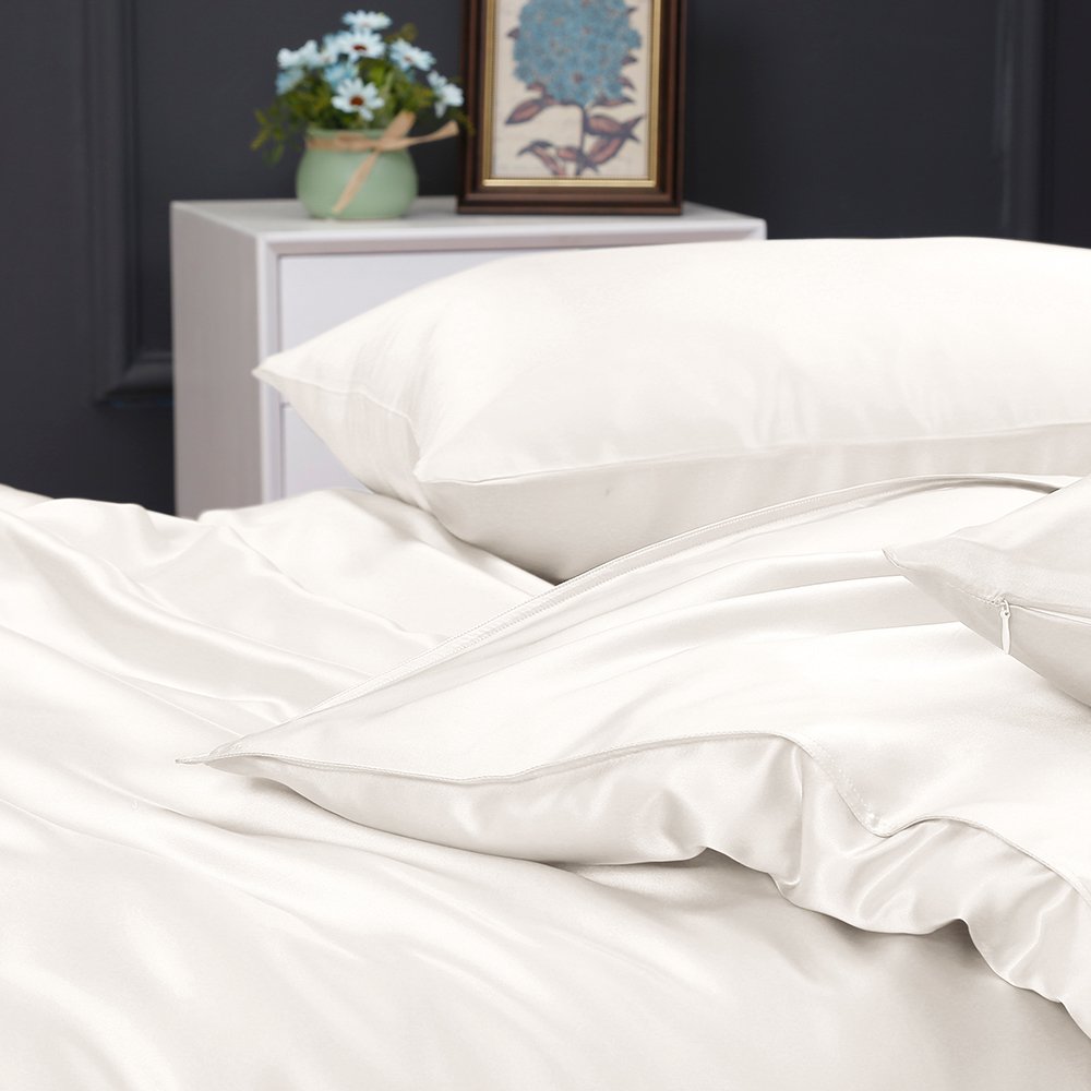 LilySilk 100% Maulbeere Seide Bettwäsche-Set 2 teilig Bettbezug 135x200cm Kissenbezug 80x80cm Unifarben 19 Momme Hypoallergen Super weich und atmungsaktiv-Elfenbein