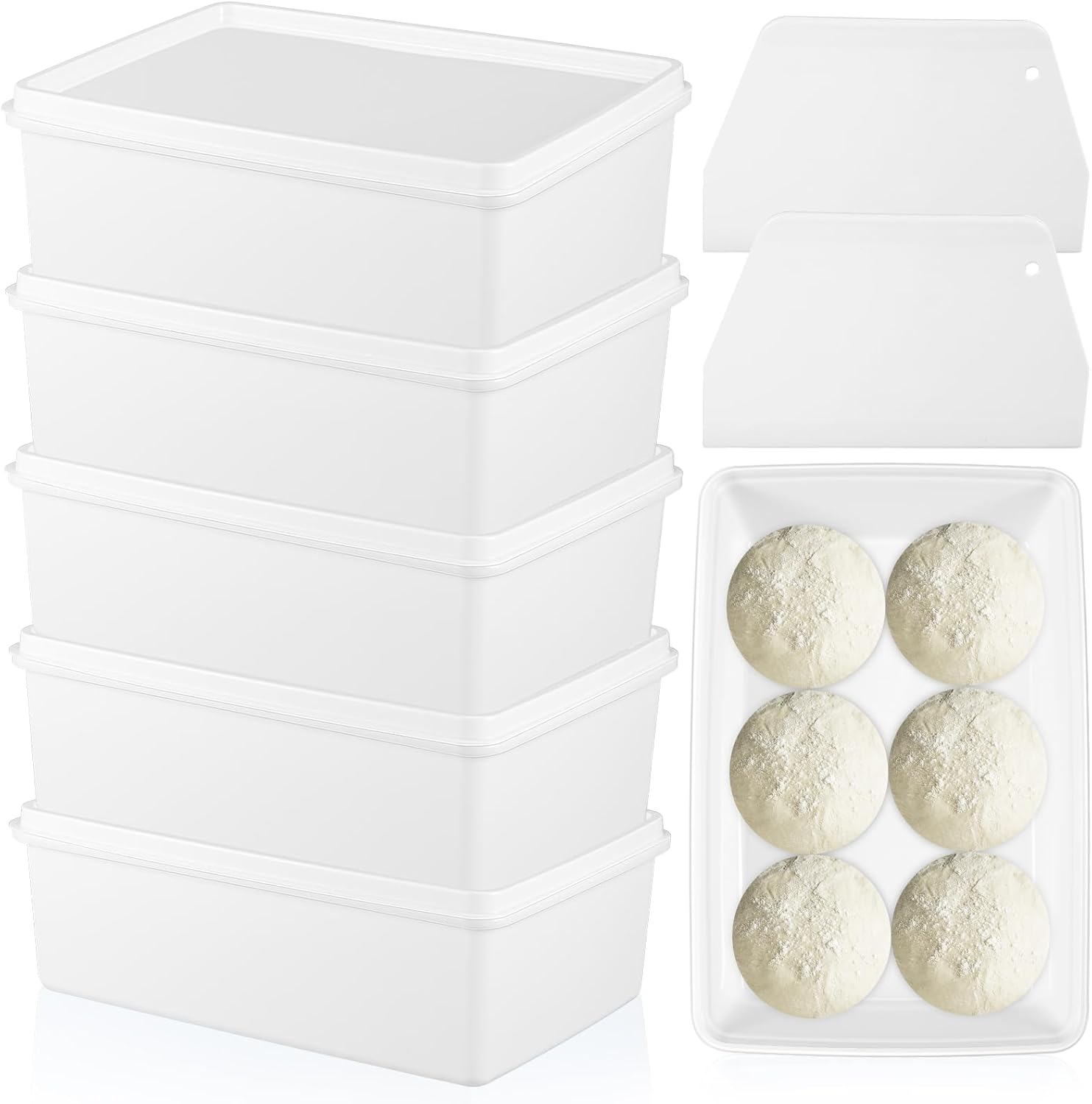 6-pack Dough Pizza Proofing Box Set-4.5l White Food Storage Containers with Lids + 2 Large Plastic Dough Scrapers-food Prep Set