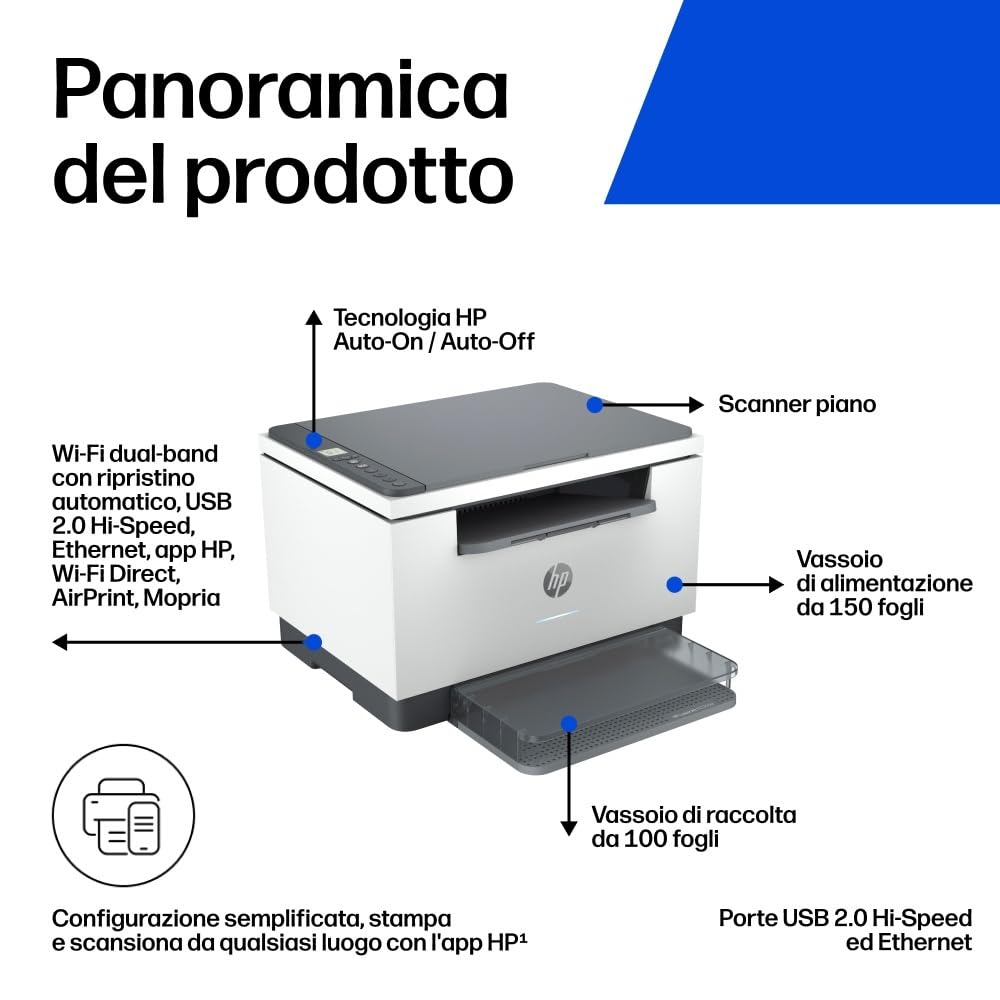 HP LaserJet M234dw 6GW99F, Stampante a Singola Funzione A4, Stampa Fronte e Retro Automatica in b/n, 29 ppm, USB, Wi-Fi, Ethernet, HP Smart, No Fax, No ADF, Schermo LCD a icone, Grigia