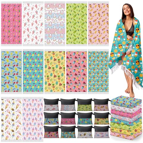 Peryiter 24 Pack Microfiber Oversize Turkish Beach Towel Set 12 Large Absorbent Beach Towels with 12 Storage Bag 28 x 55 Quick Dry Lightweight Bath Towel Blanket for Hawaii Camp Swim Pool(Ice Cream)