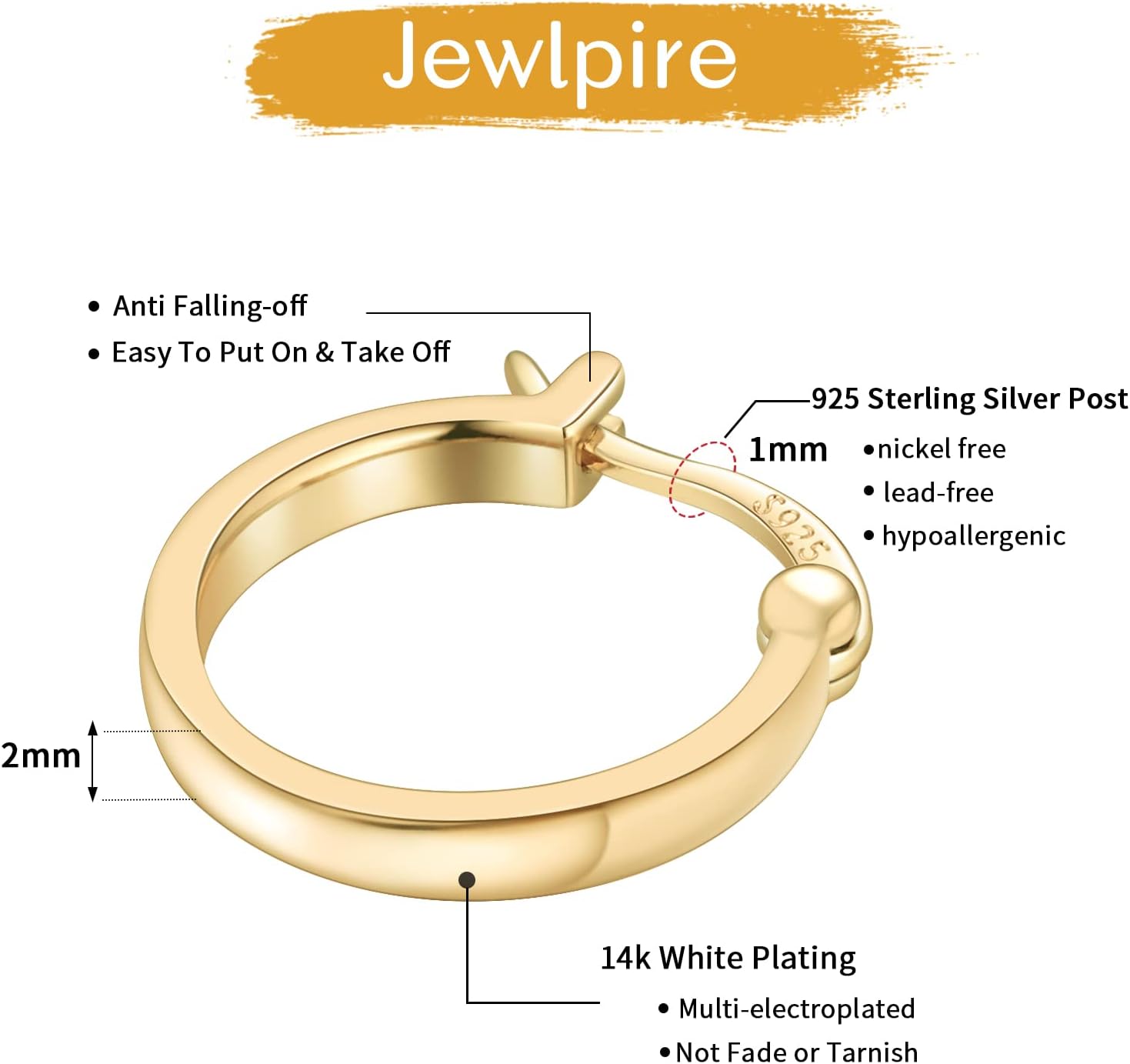 Jewlpire 14K Gold Plated Hoop Earrings for Women with 925 Sterling Silver Post, Lightweight Small Hoop Earrings 15mm/20mm Huggie Hoop Earrings - Image 5