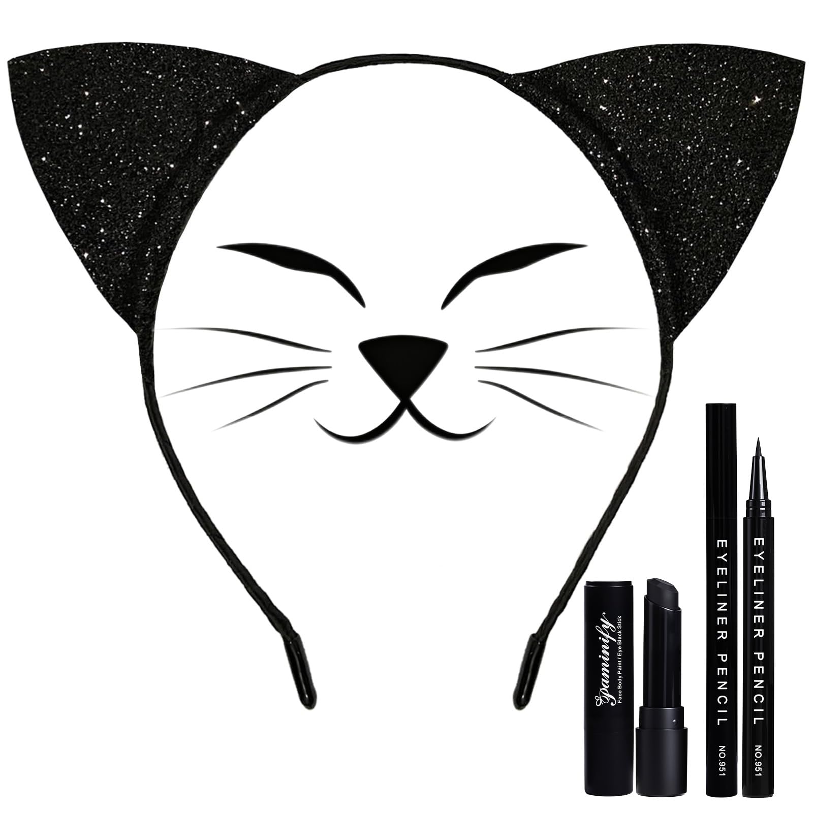 Halloween Cat Costume Makeup Kit for Women,Black Cat Ears Headband with Eyeliner and Lipstick,Black Face Paint Stick,Halloween Headband Cosplay Accessories for Adults Black Cat Ears Headband+eyeliner+black Lipstick