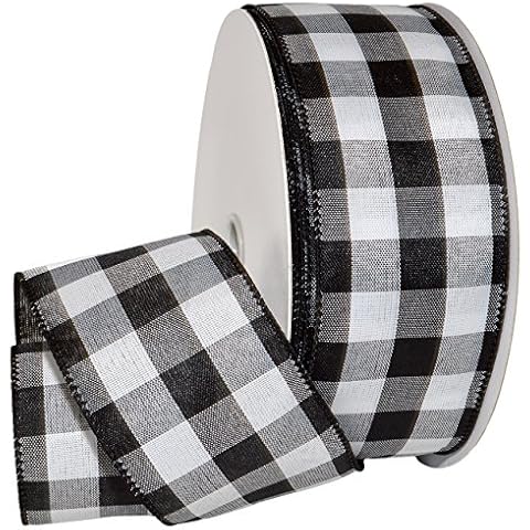 Morex Ribbon 7398.60/50-613 Cambridge 2.5" X 50 YD Wired Ribbon, Black and White, Buffalo Check Plaid Ribbon for Gift Wrapping, Christmas Decorations Indoor Home Decor, Craft Supplies & Materials Cover