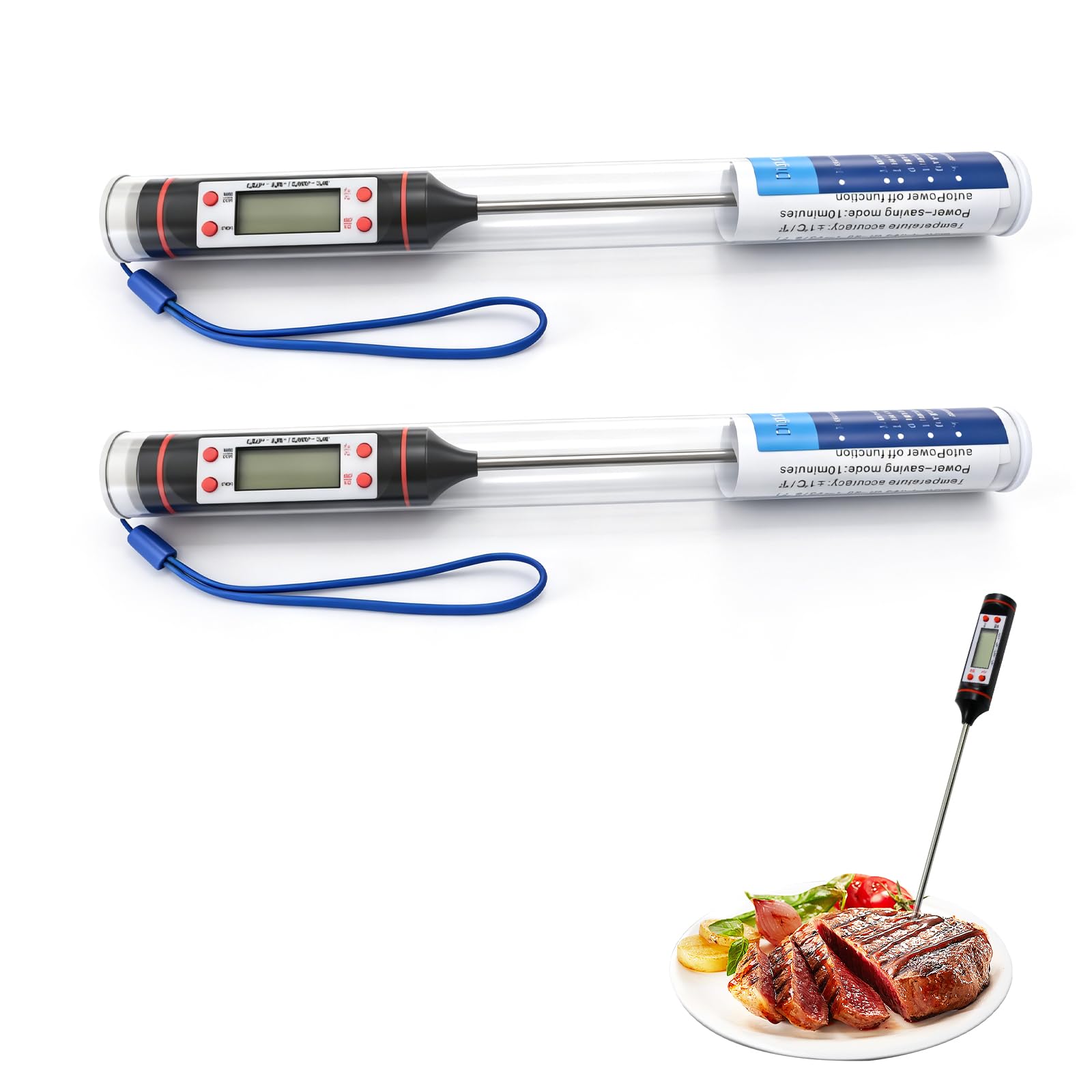 2 termómetros de cocina digital con sonda para barbacoa, Carne, Pavo, Vino, Jalea - Pantalla LCD Grande, Rango de Medición de -50 °C a +300 °C, Apagado Automático