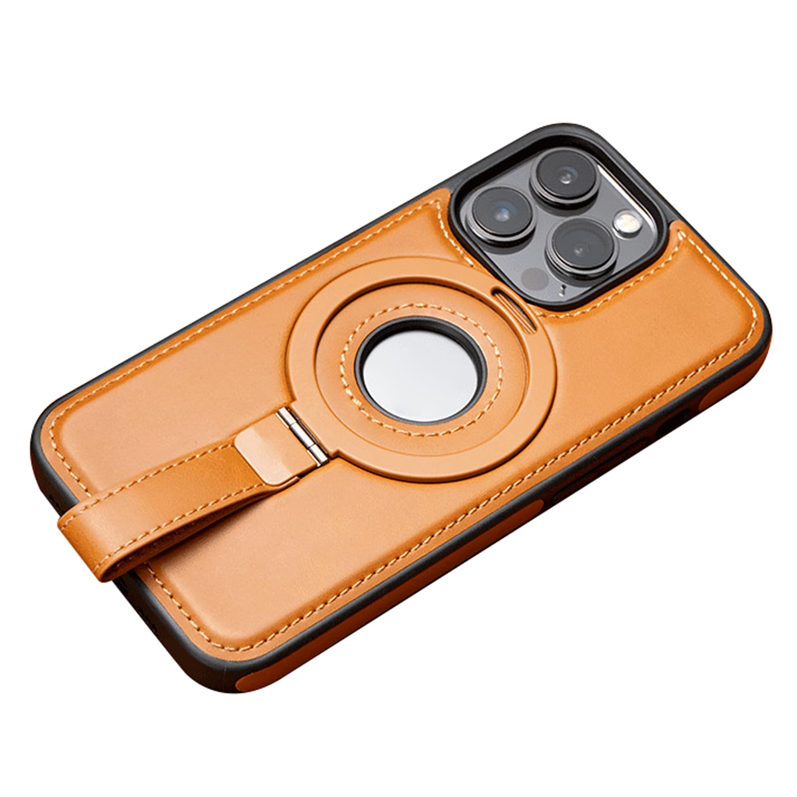 Skórzane etui do iPhone'a 16 Pro Max/16 Pro/16 Plus/16, etui na telefon z ładowaniem bezprzewodowym, podstawką na pierścień i pętlą na palec, logo View, brązowe, 16 Pro