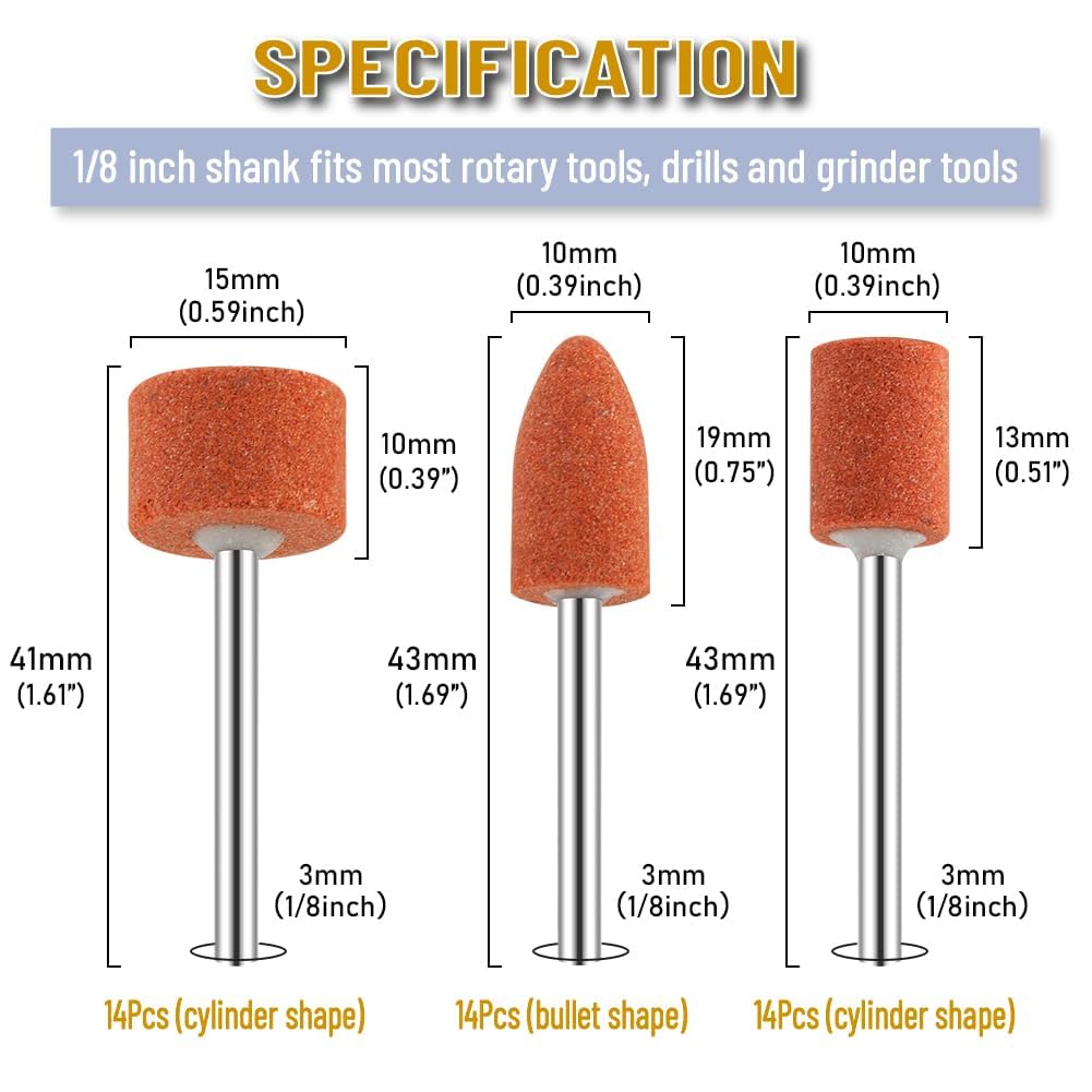 42 Pack Set di pietre per smerigliatura con gambo da 1/8 di pollice, pietra abrasiva montata, punta per smerigliatura per utensili rotanti per smerigliatura, lucidatura, sbavatura