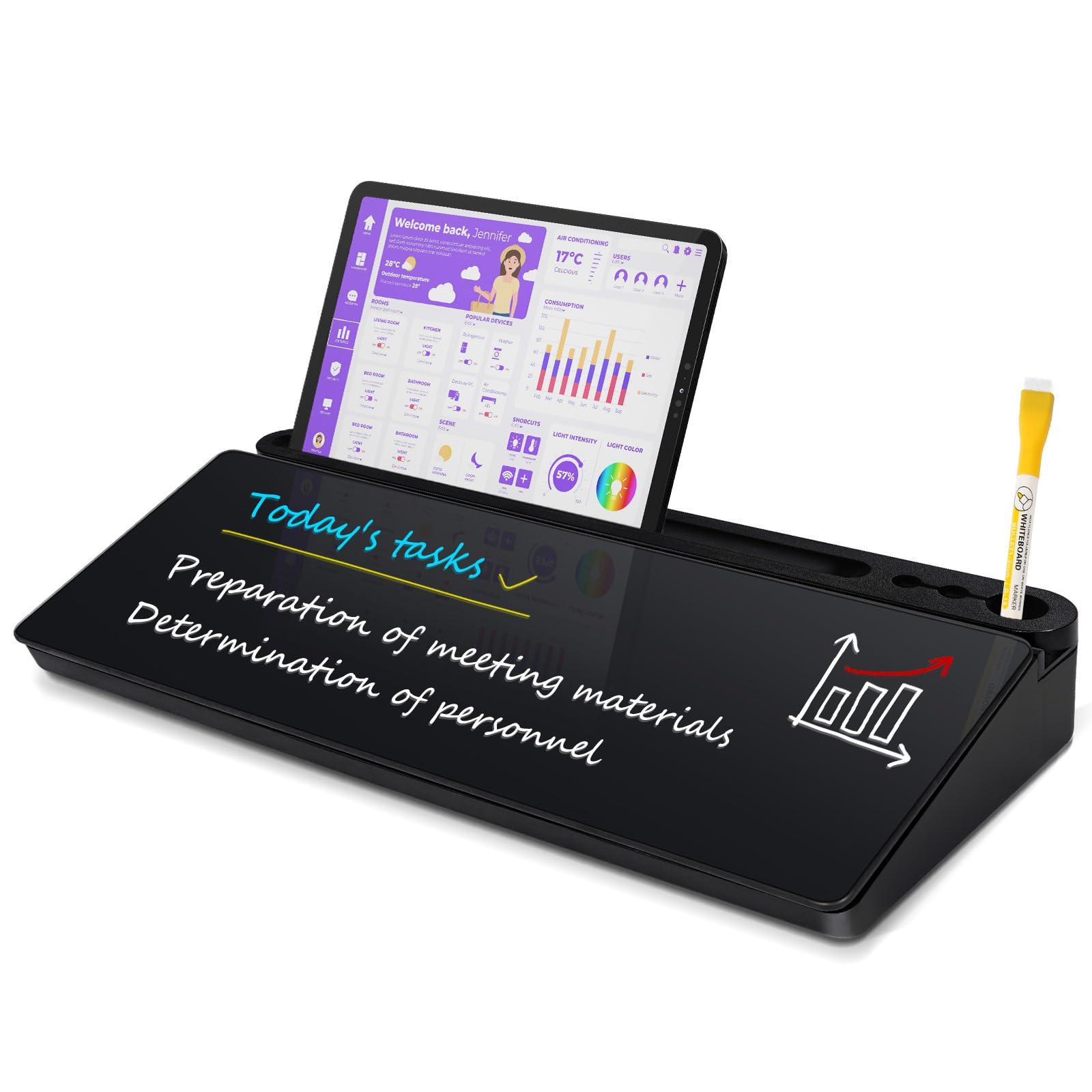 Glass Desktop Whiteboard with Storage, 40 x 18 cm Small Dry Erase Board with Drawers Desk Whiteboard with Stand Computer Keyboard Stand Organizer for Office Desk Accessories(Black)