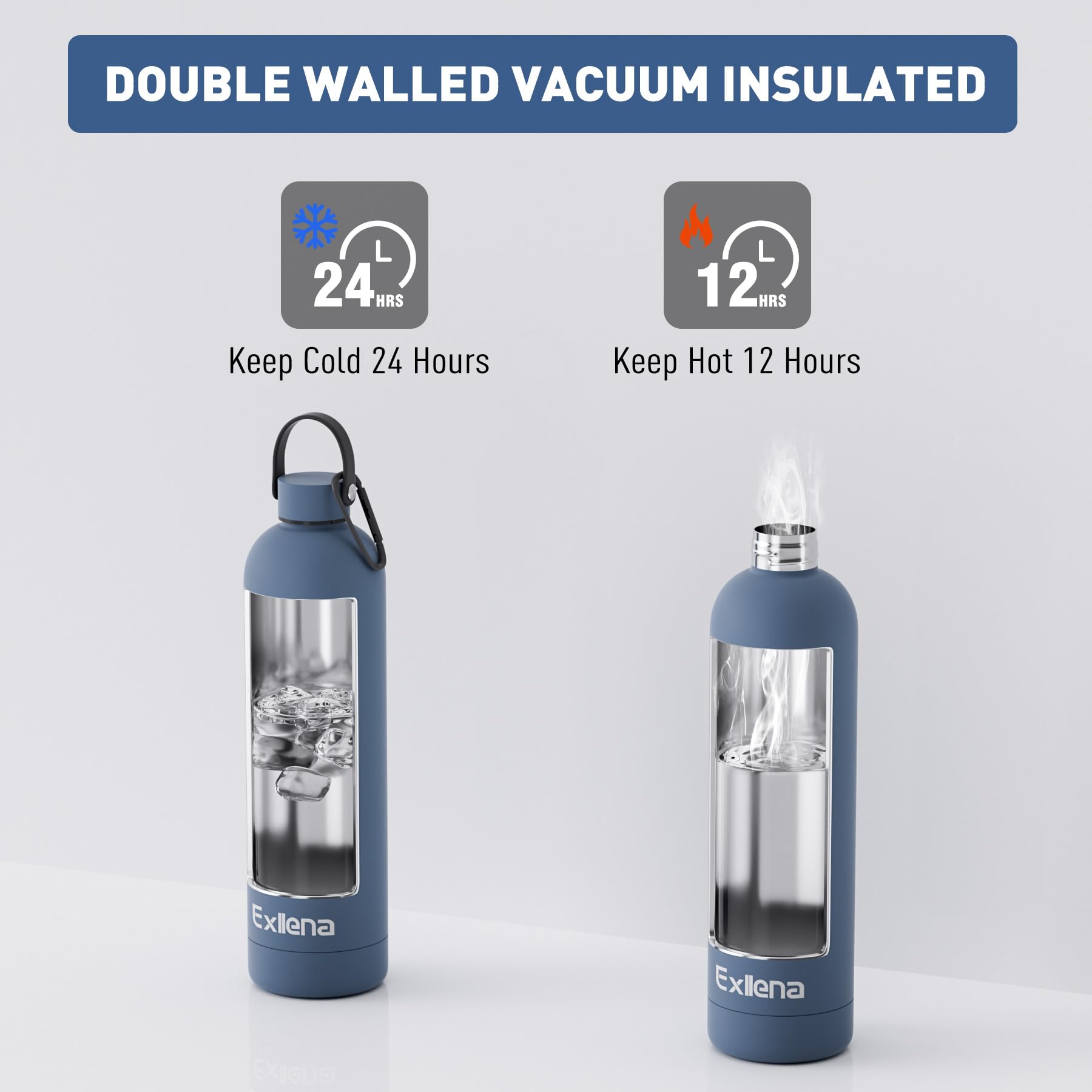 Exllena Borraccia Termica 1 Litro con Maniglia e Moschettone - Bottiglia Termica 1 Litro Mantenere Calore/Freddo - Senza BPA - 100% A Tenuta Stagna per Escursioni, Campeggio, Viaggi...(Blu Balena)