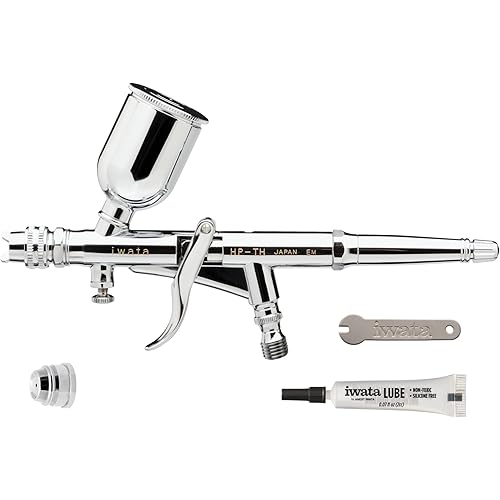 Iwata Hi-Line HP-TH Trigger Airbrush Gun Gravity Feed Dual Action H5 Nozzle-Needle, ½ oz Fluid Cup, Round and Fan Air Caps, Special Effects, Hobby, Terrain, Auto-Graphics