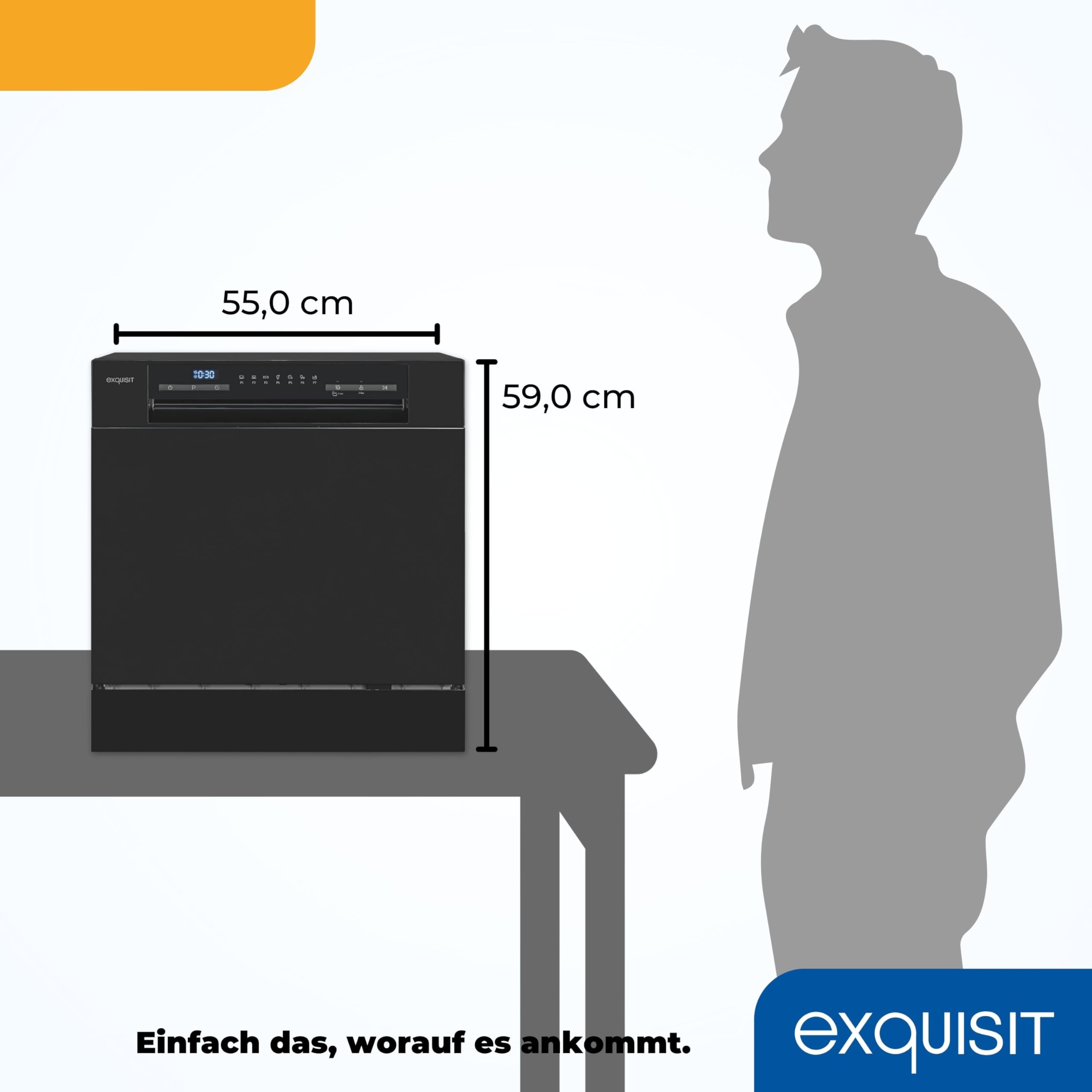 Exquisit GSP508-030D Tischgeschirrspüler, 55 cm breit, 8 Maßgedecke, 7 Programme, schwarz