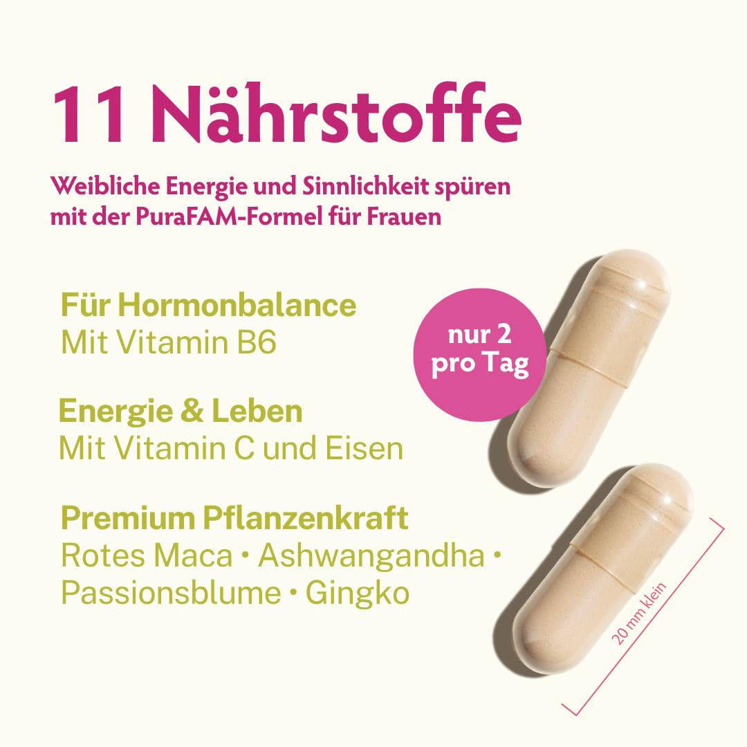 PuriaFAM® Frauenzauber, rotes Maca, 180 Kapseln, Ashwagandha, vegan - Hergestellt in DE - Hormon Balance Frauen