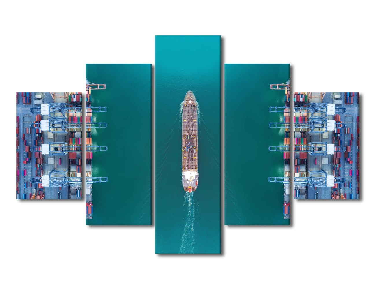 Container Ship Canvas Wall Art Oil Tanker Moving Pass Sea Port Pictures for Bedroom Wall Painting Containers Shipment Wall Art for Living Room 5 Panels Artwork Framed Ready to Hang (60''Wx 40''H)