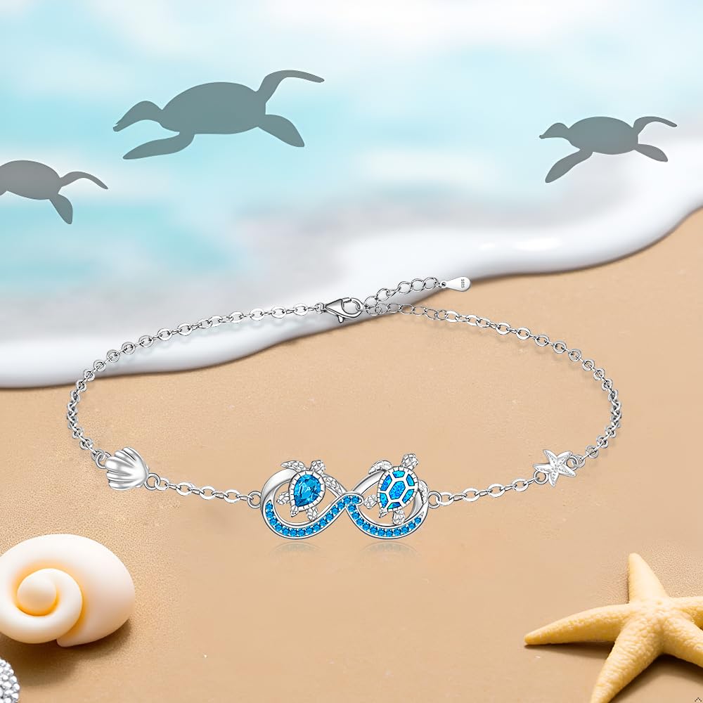 Pulsera de tortuga para mujer, plata de ley, ópalo azul, océano, tortuga marina, dijes de playa, infinito, joyería de tortuga, regalos
