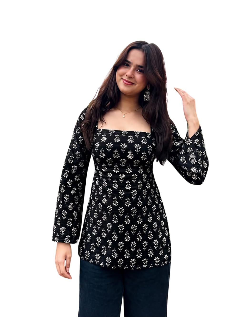 Rayon Corset Back Short Kurti for Women and Girls | Stylish Printed Tunic Top with Lace-Up Back Design | Long Sleeve Casual Ethnic Kurti, College and Office-image-1