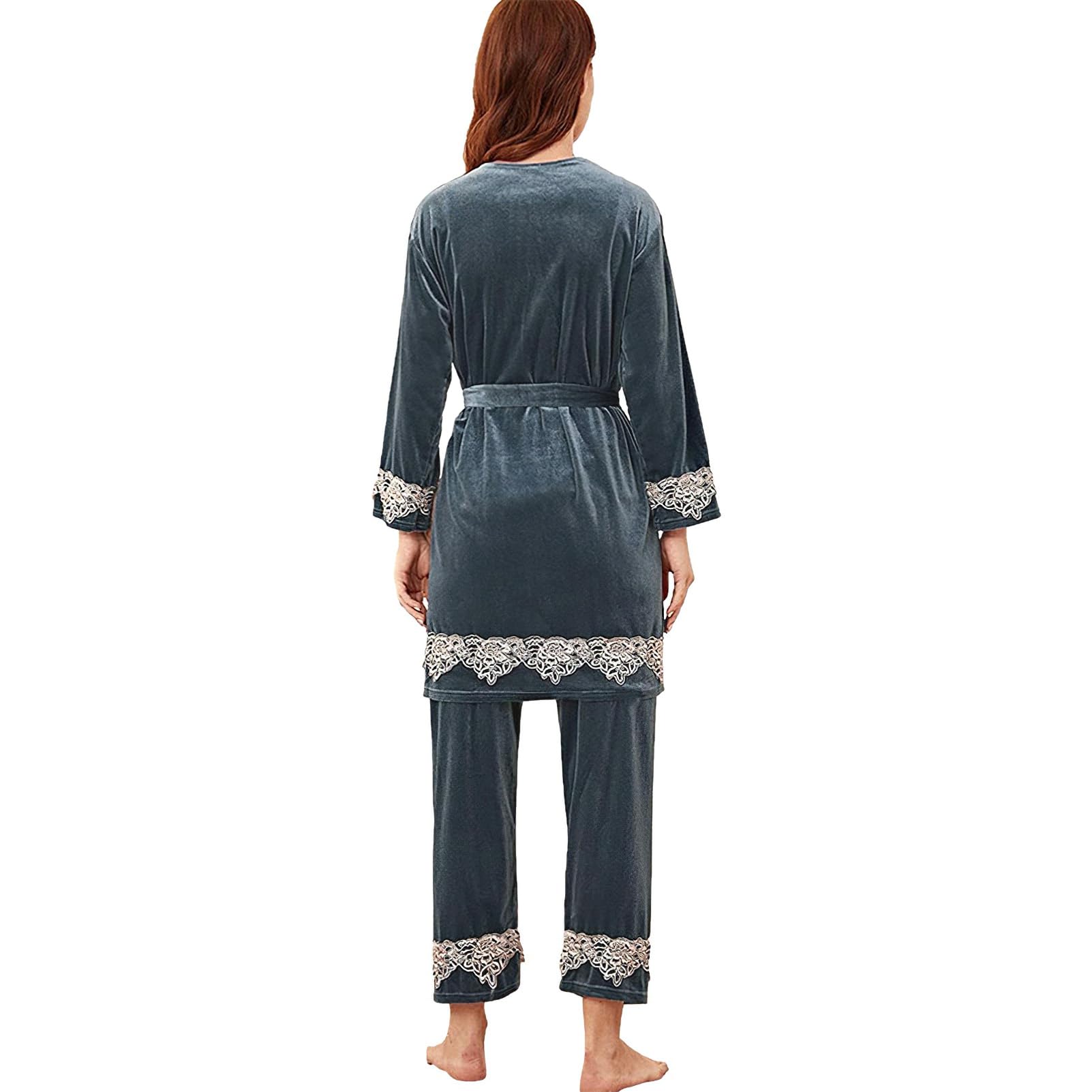 Donna Elegante Ricamo 4PCS Set Pigiama Velluto Accappatoio + Abiti + Pantaloni Abbigliamento Termico da Notte