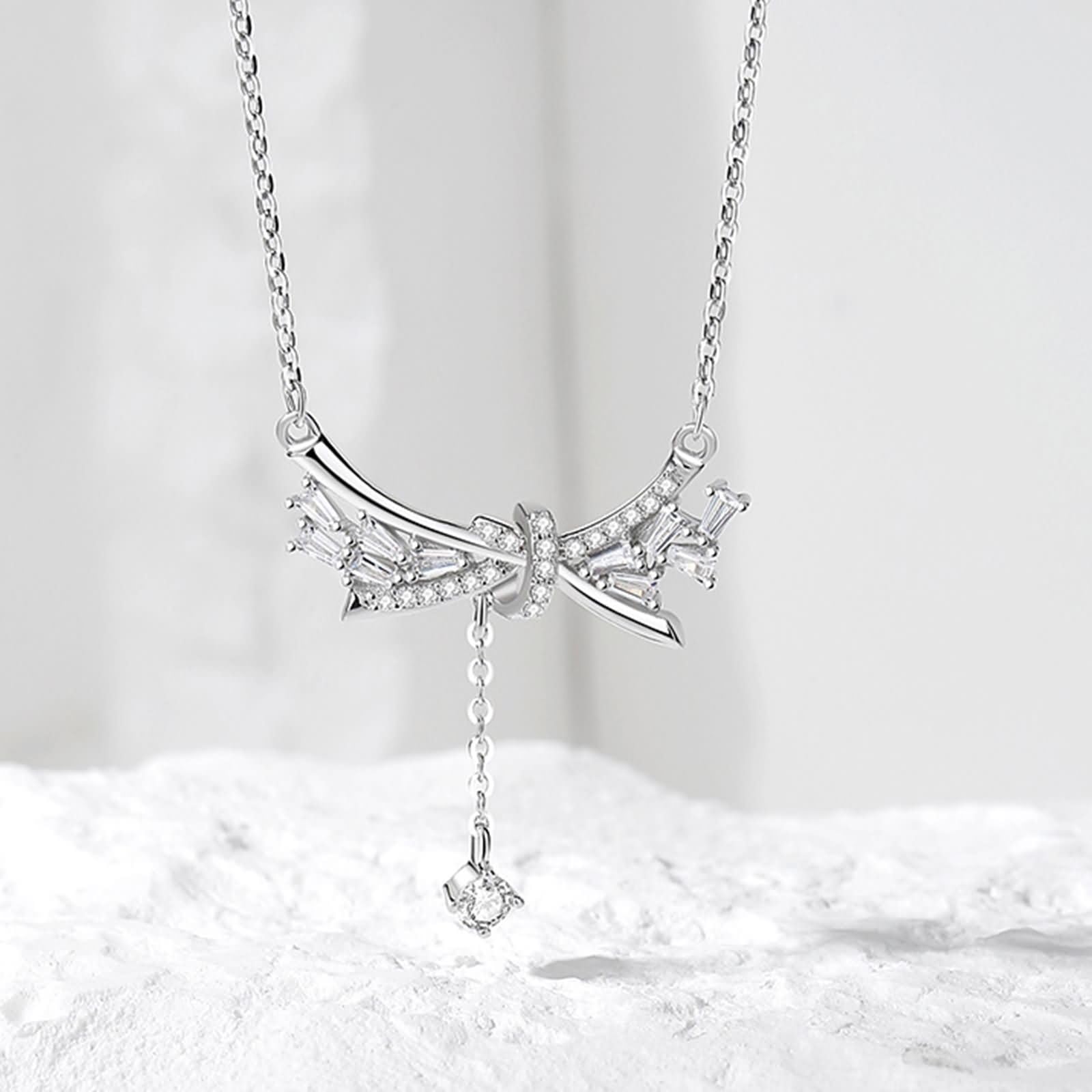 Catenina Collana per Ciondolo Oro Bianco 9K/14K/18K Donna, Fiocco con Moissanite, Catenella Collana Argento