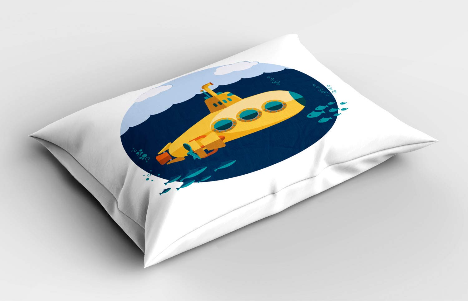 Ambesonne Yellow Submarine Pillow Sham, Nautical Theme Submarine with Bubbles Fish Underwater and Waves Sky, Decorative Standard Size Printed Pillowcase, 26