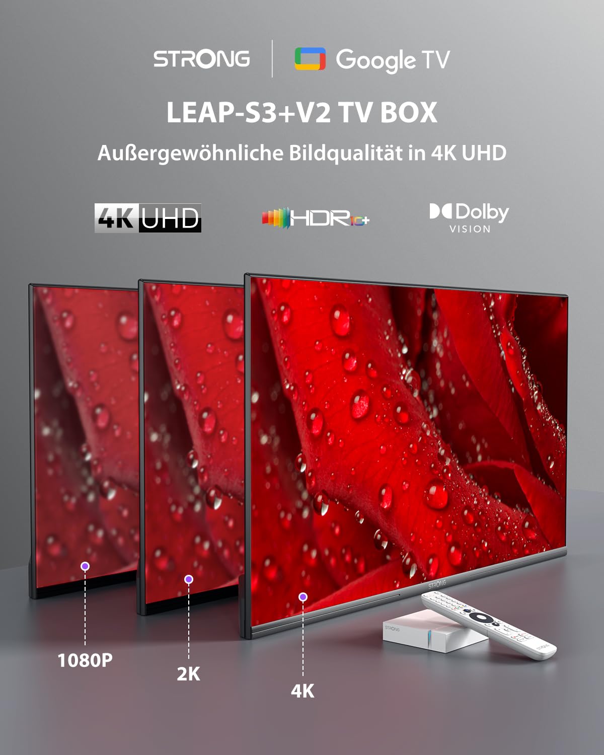 STRONG LEAP-S3+V2 Streaming Smart TV Box 4K UHD 2 GB RAM 16 GB Speicher HDR10+ Dolby Vision WiFi 5 BLE 5 Ethernet RJ45 Sprachassistent Weiß
