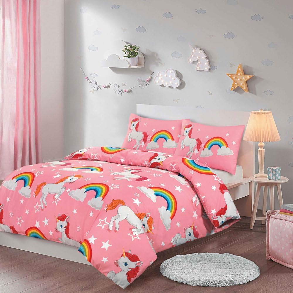HOMES-LINEN Rainbow Unicorn Duvet Cover Set – Reversible Fantasy Quilt Cover Bedding Set–Soft & Breathable (Pink, Double)