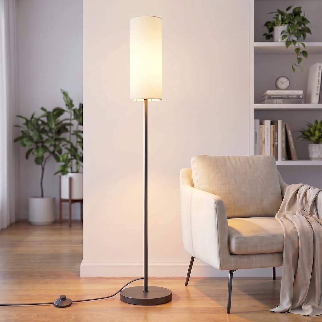Moderne Stehlampe E27 Schwarz mit Stoffschirm Weiß | Fußschalter, Für Wohnzimmer, Schlafzimmer, Arbeitszimmer, Für Schülerzimmer