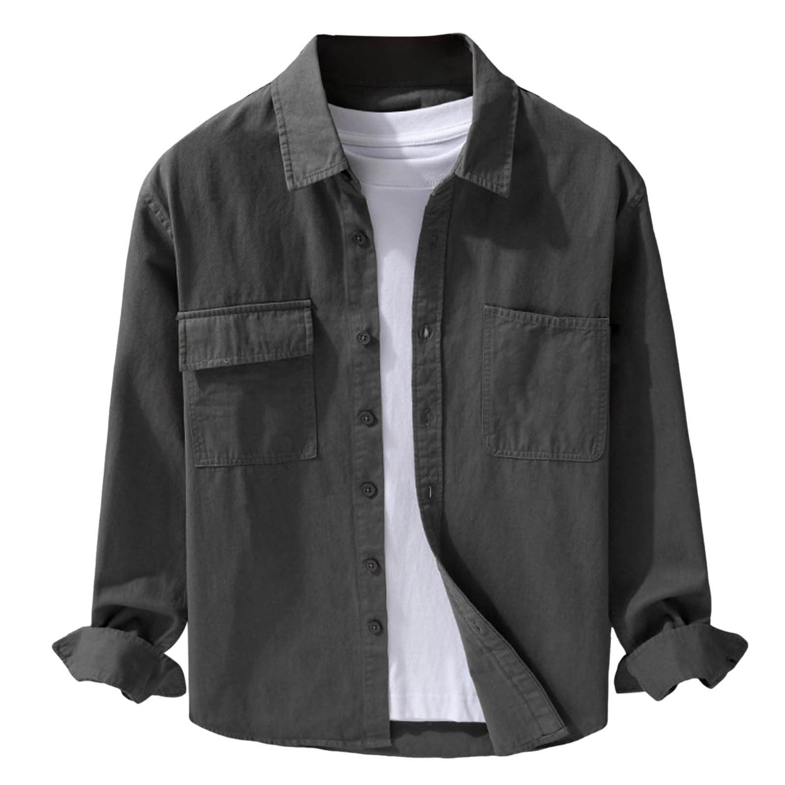 Camicia per il tempo libero, da uomo, in cotone, a maniche lunghe, tinta unita, da lavoro, da spiaggia, casual, elasticizzata