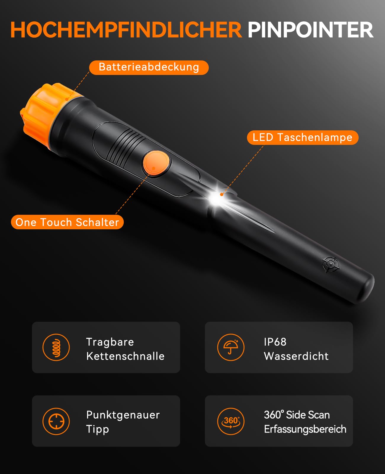 Metalldetektor Pinpointer - SUNPOW IP68 Komplett Wasserdicht 360° Suchen Metallsuchgerät mit Gürtel Holster, Summton Vibration Klang (DREI Modi), 9V Batterie & Samtbeutel Inklusive