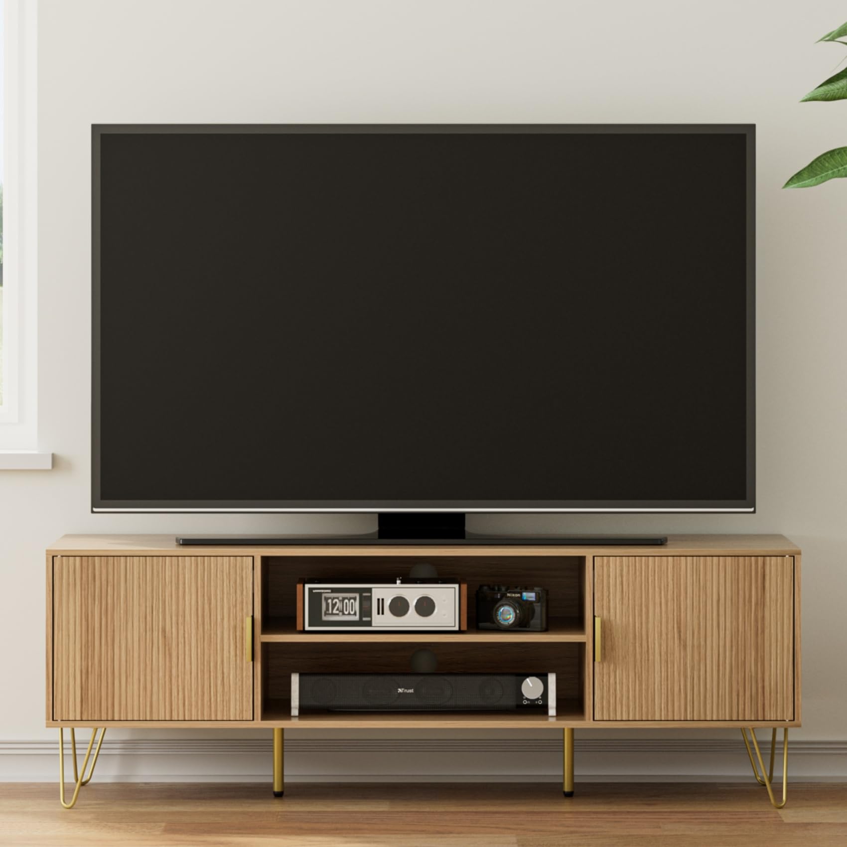 HEYZOEY Gabinete de TV, lowboard para TV de hasta 60 Pulgadas, Mueble de TV de 2 Puertas con armarios para Sala de Estar (Roble A, 137 x 38 x 48 cm)