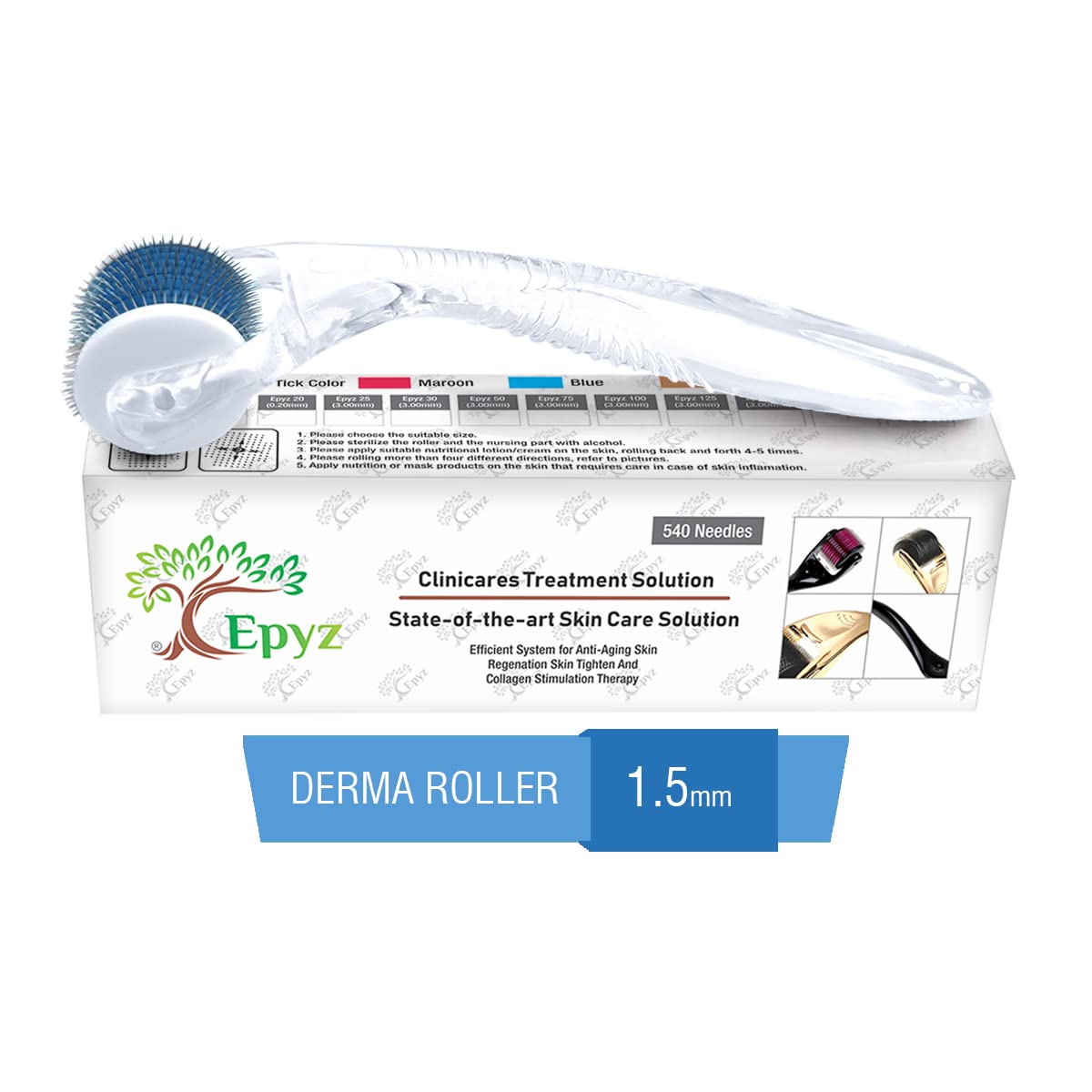 Epyz Derma Roller For Hair Growth 1.5 mm with 540 Stainless Steel Needles Repairs Damaged Hair Reduces Acne Scars Safe & Effective For Hair Fall & Hair Thickening - TR-Blue-image-21