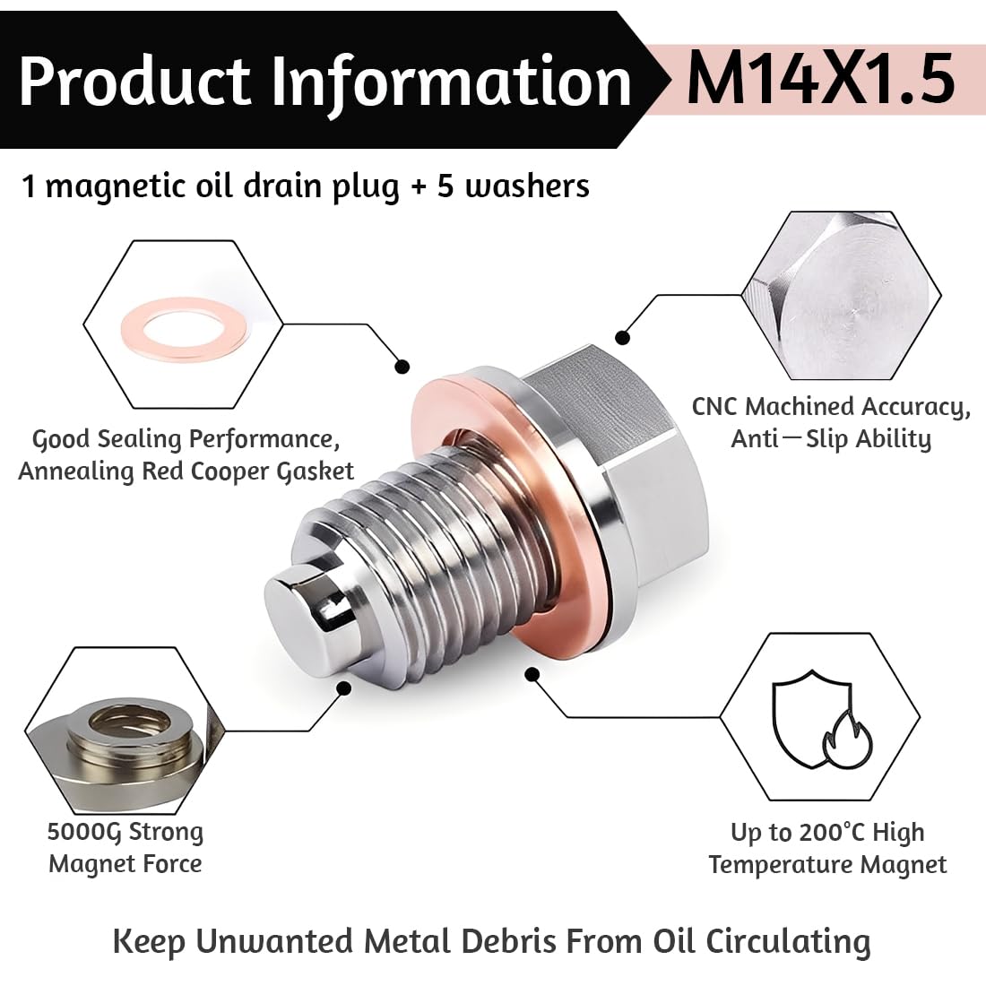 Tappo Di Scarico Dell'olio Magnetico M14 x 1,5, Dado Di Scarico Della Coppa di Schiacciamento in Rame con 5 Rondelle Metalliche, Adatto per Auto, Moto e Barche, Tappo Coppa Olio Motore