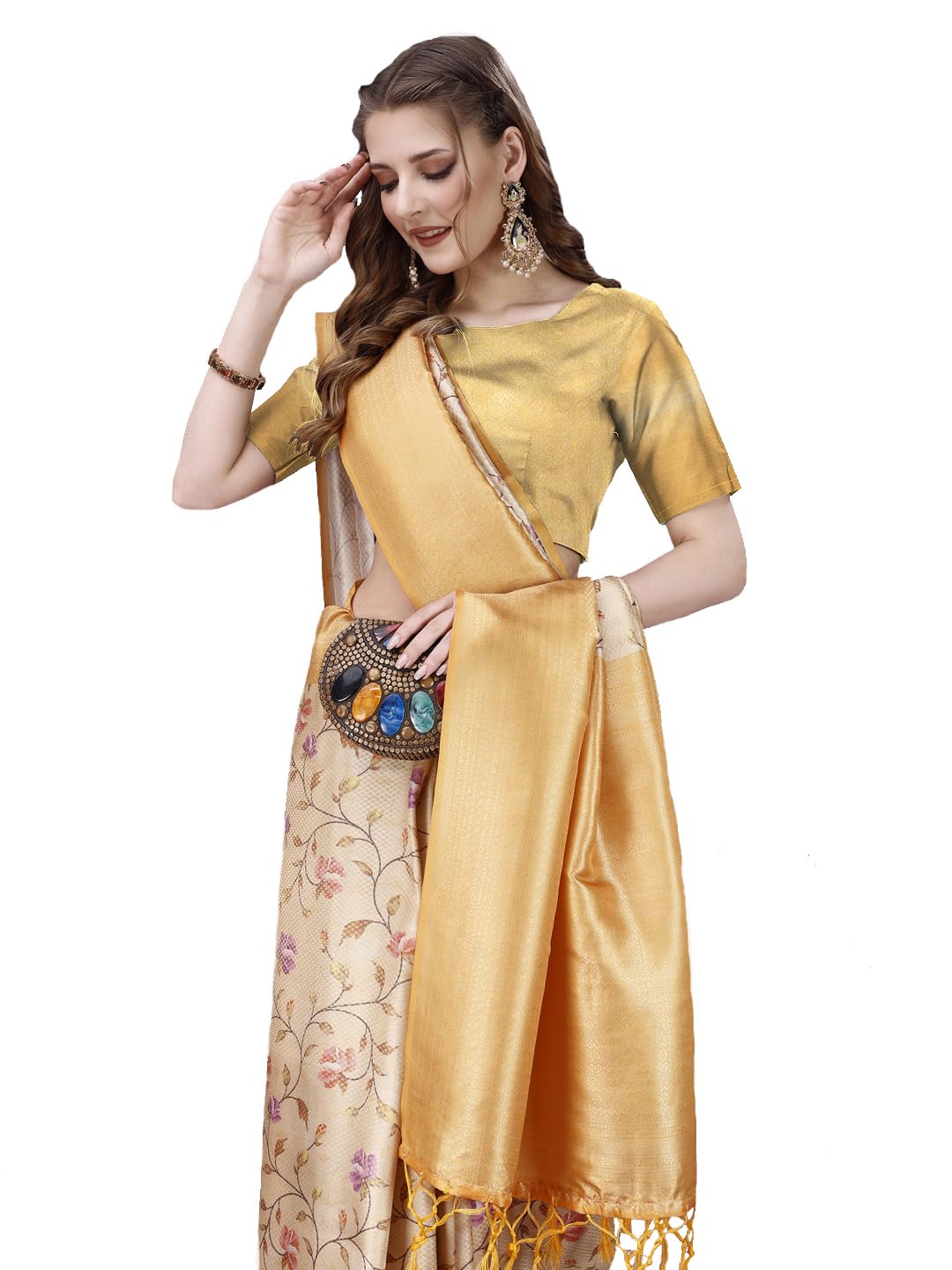 Pujia Mills Smooth Silk Saree For Women Indian Ethnic Wear Pure Silk Blend Zari Weaving Floral Digital Printed Smooth Silk Light Weight Yellow Color Simple Saree Outfit