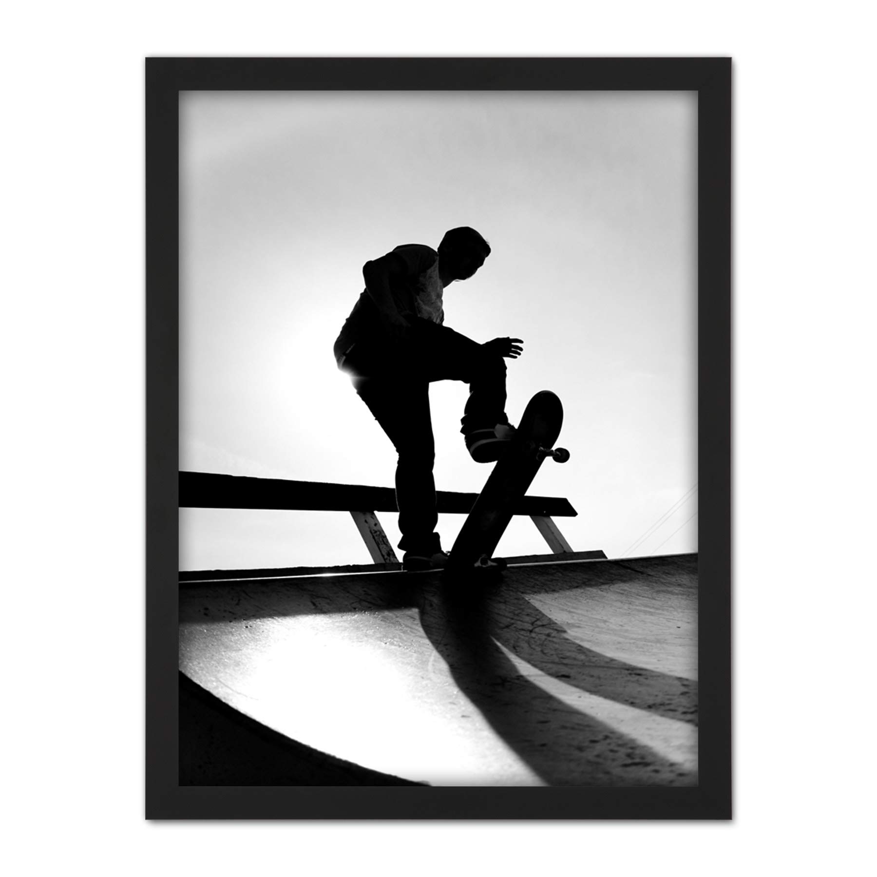 Wee Blue Coo Skateboarding Skater Ramp Silhouette Artwork Framed Wall Art Print 18X24 Inch