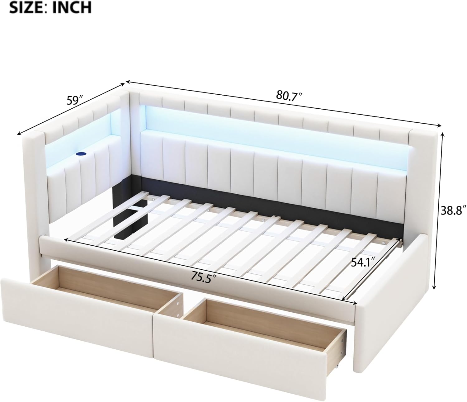 Twin Size Upholstered Daybed with Storage Drawers and LED, USB-Ports, L-Shaped Corner Unit Sofa Day Bed Frame with Storage Bookshelf, Girls, Kids, Adults, Boys, White