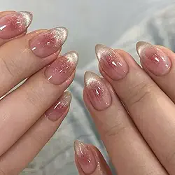 Unhas de pressão curtas médias amêndoas ombres nude rosa com design de olho de gato, cobertura completa, bastão falso artificial em unha de acrílico para mulheres, uso diário, 24 peças