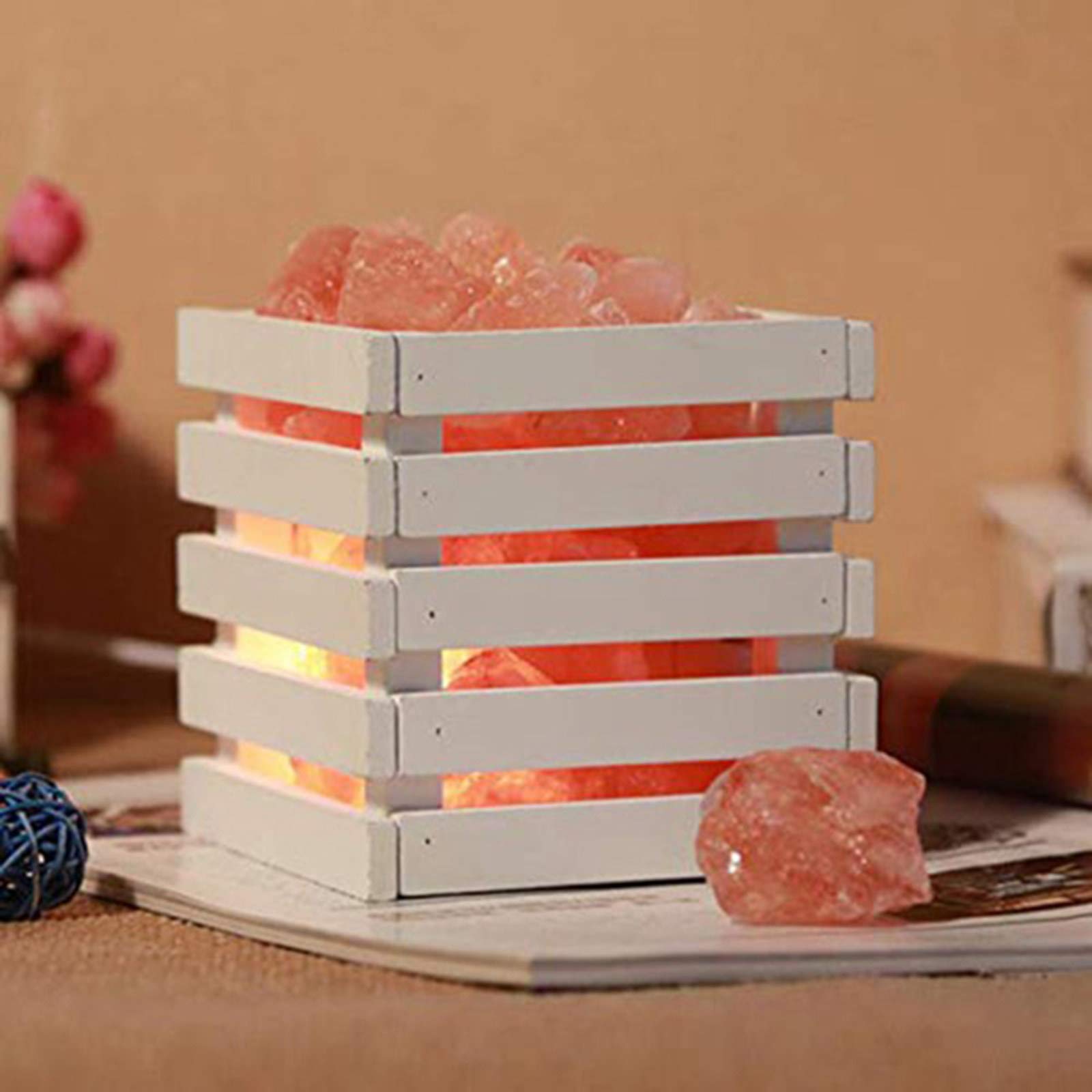 Lámpara de sal de cristal cuadrada de madera, Lámpara de sal del Himalaya creativa, Lámpara de sal de cristal Luz de noche cálida, Lámpara de sal cuadrada de moda, Lámpara de sal antirradiación,White
