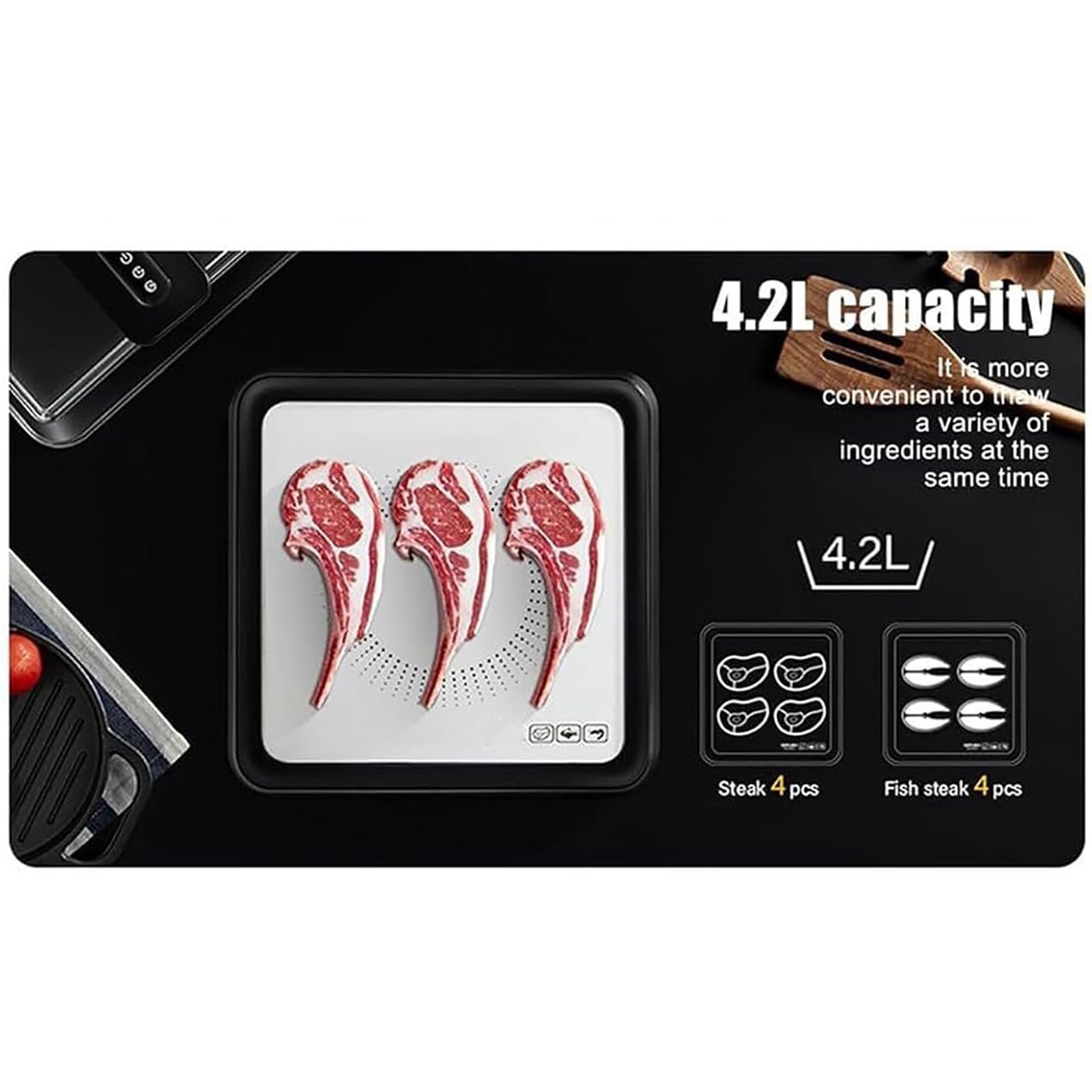 Placa de descongelación eléctrica de 4,2 L, descongelador rápido de alimentos de 10 minutos con temporizador ajustable para carne congelada, filetes, pollo, camarones, mariscos (10-40 minutos)