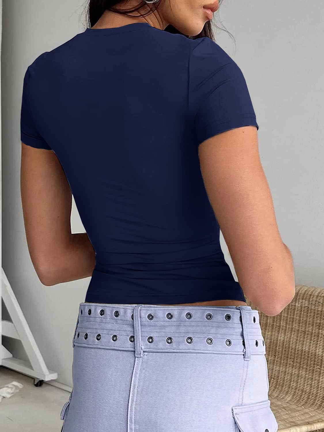 Cuptacc Tshirt Women's Crew Neck T-Shirt Tight Women's Basic Y2k Top Plain Shirt Short Sleeve Navy XL