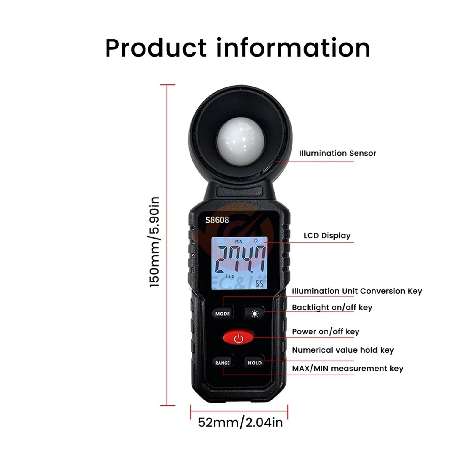 Medidor de luz, Fotómetro de Intensidad de iluminación de 200000 Lux fotómetro de iluminancia Digital S8608