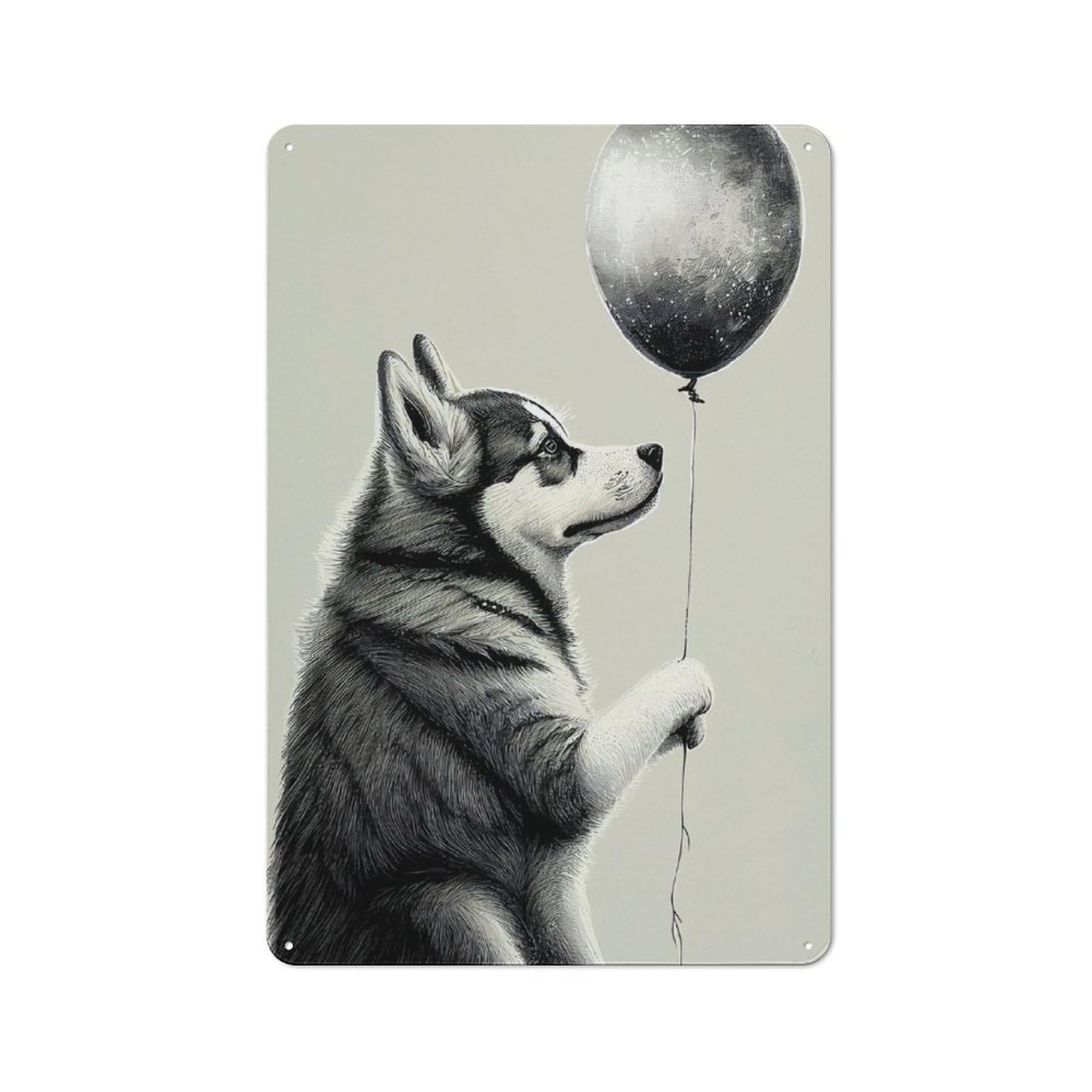 Junmoney Husky Balloon Dog Metal Sign 30X20cm With For Hallway Wall, Retro Decor, Suited To New Home Decorators